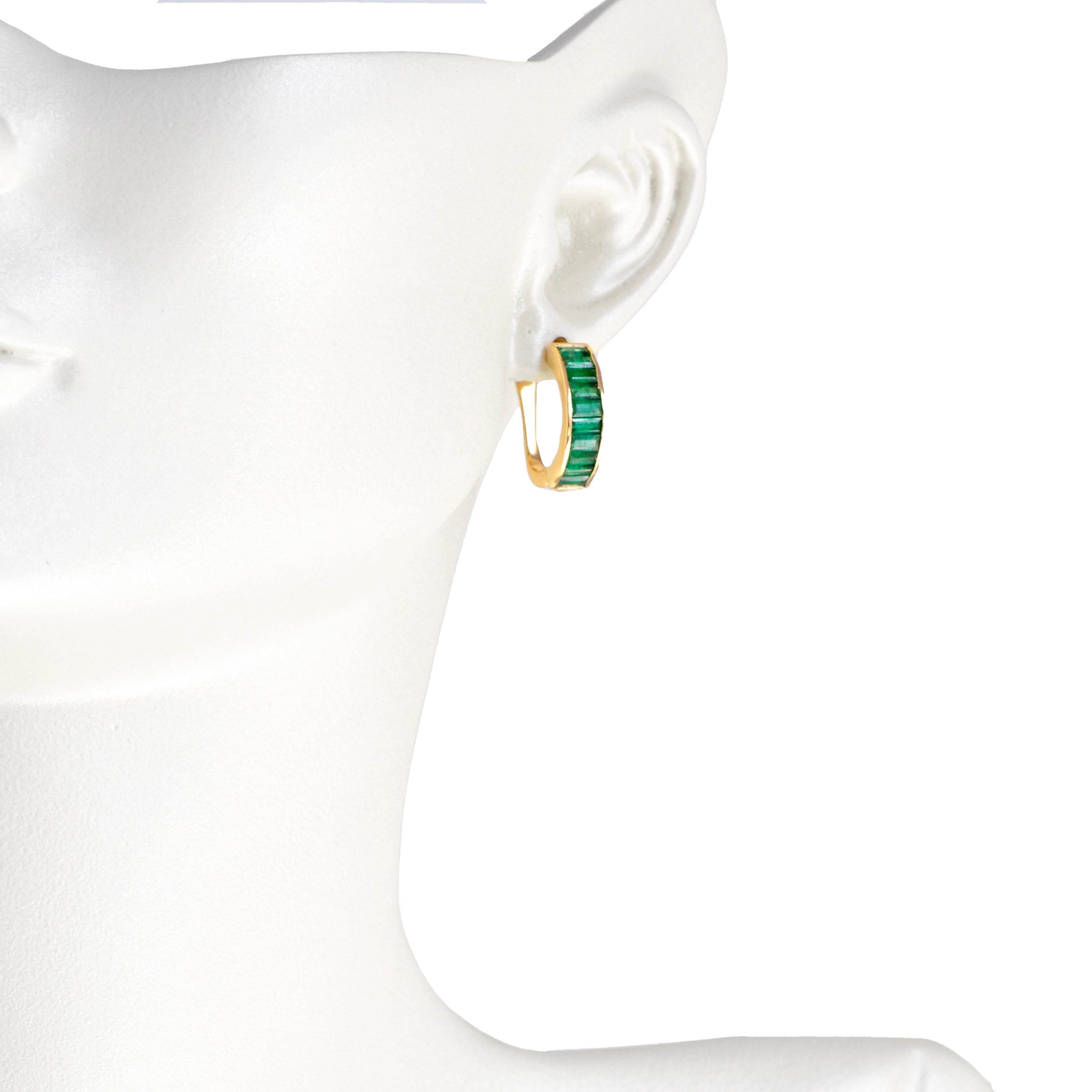 18 Karat Yellow Gold Emerald Baguette Cut Half-Hoop Earrings For Sale 3