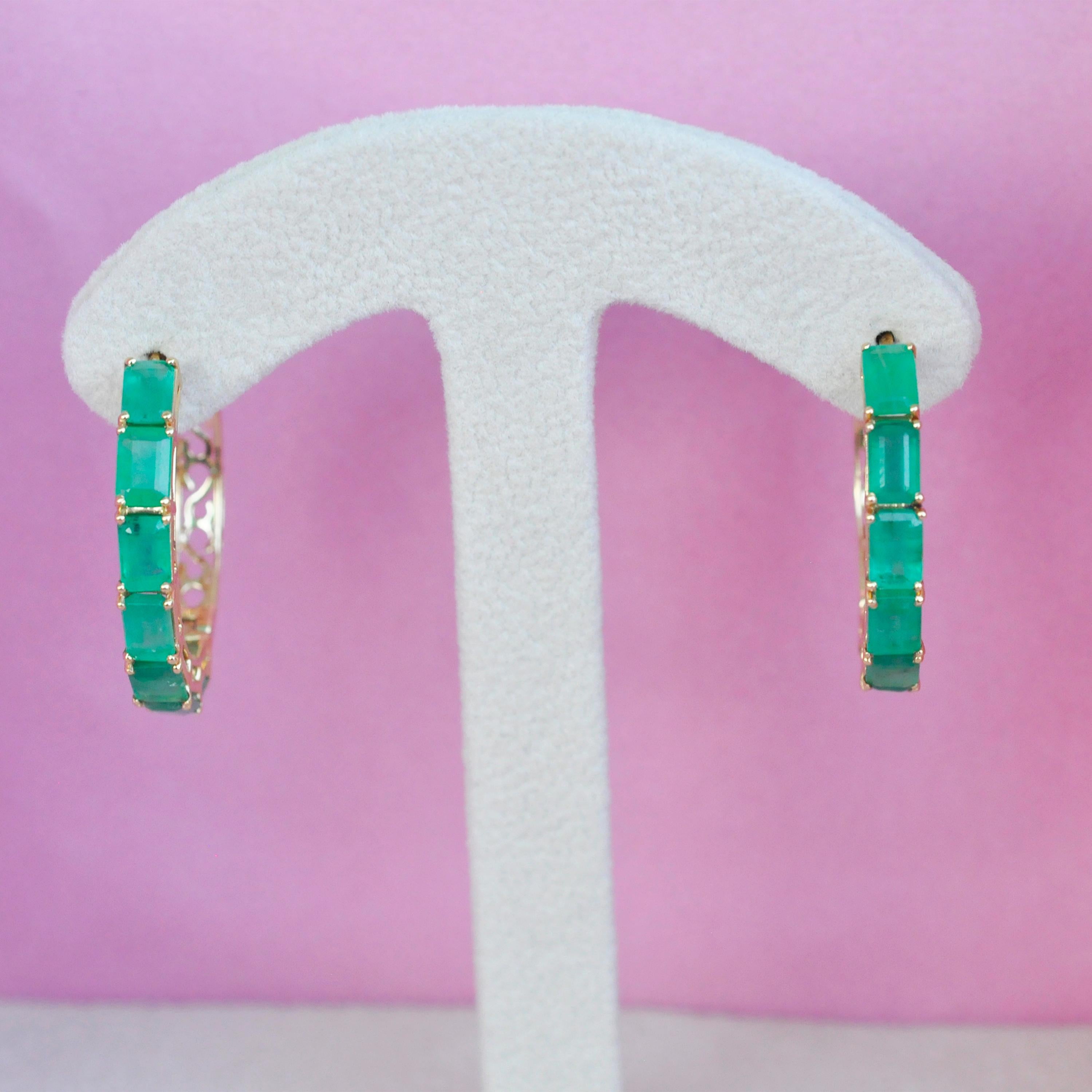 18 Karat Yellow Gold Emerald Cut Brazilian Emerald Hoop Earrings For Sale 5