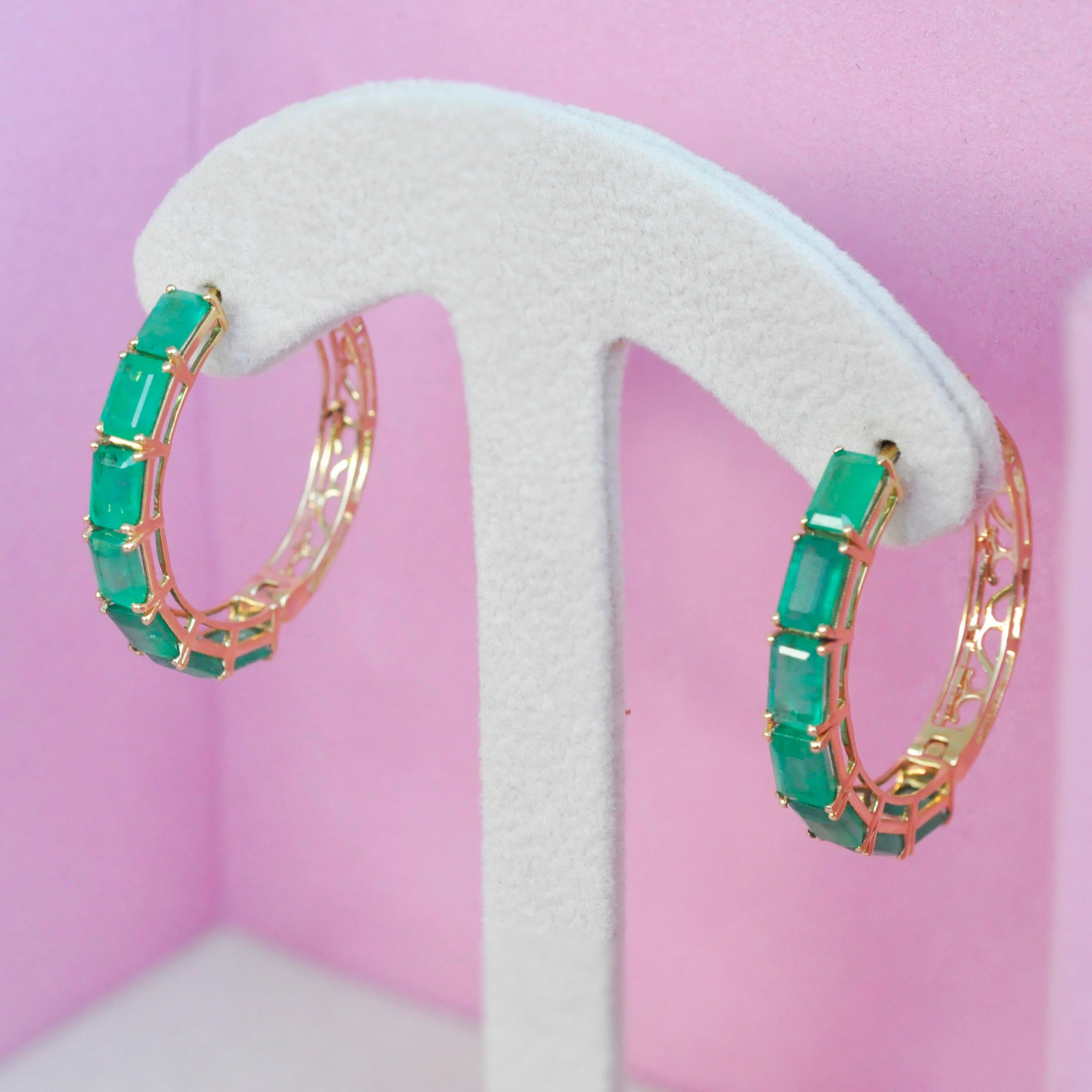 18 Karat Yellow Gold Emerald Cut Brazilian Emerald Hoop Earrings For Sale 6