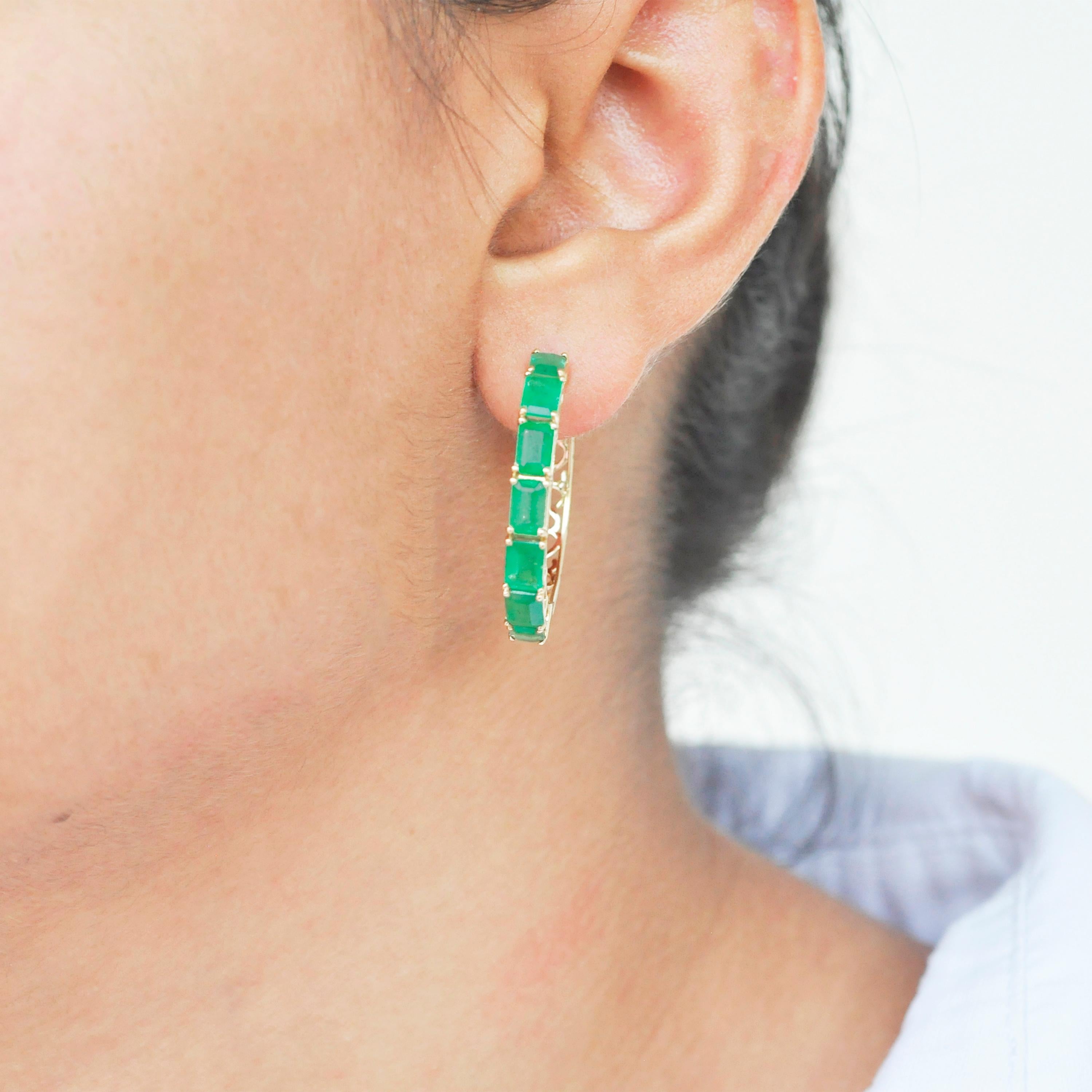 18 Karat Yellow Gold Emerald Cut Brazilian Emerald Hoop Earrings For Sale 7