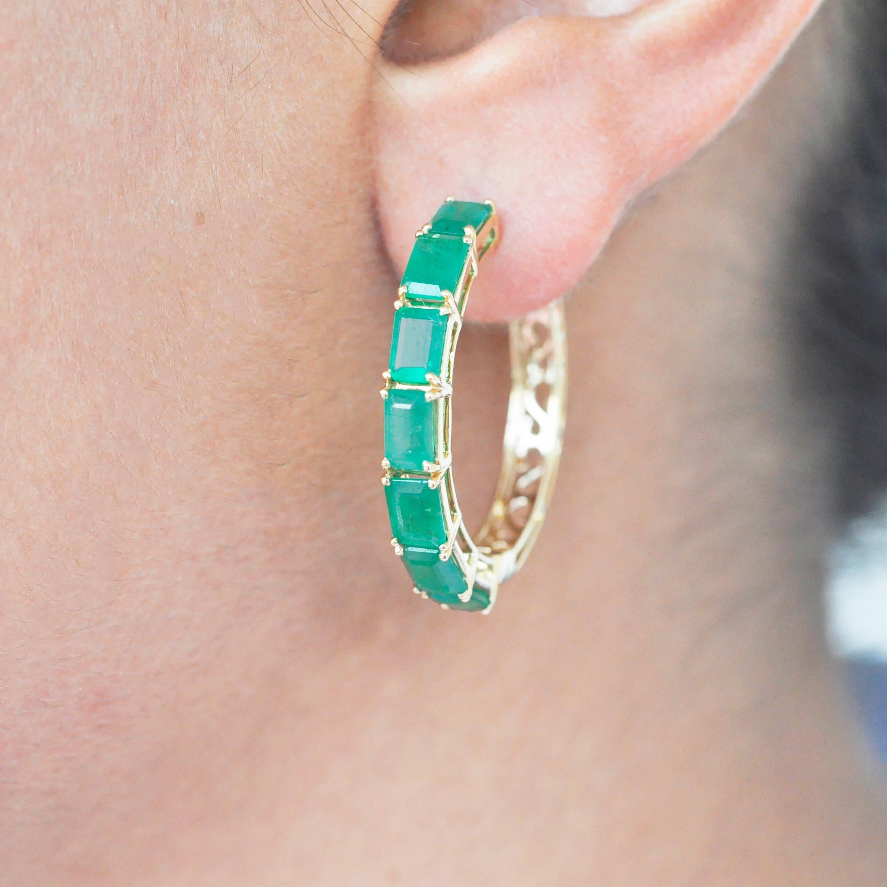 Modern 18 Karat Yellow Gold Emerald Cut Brazilian Emerald Hoop Earrings For Sale