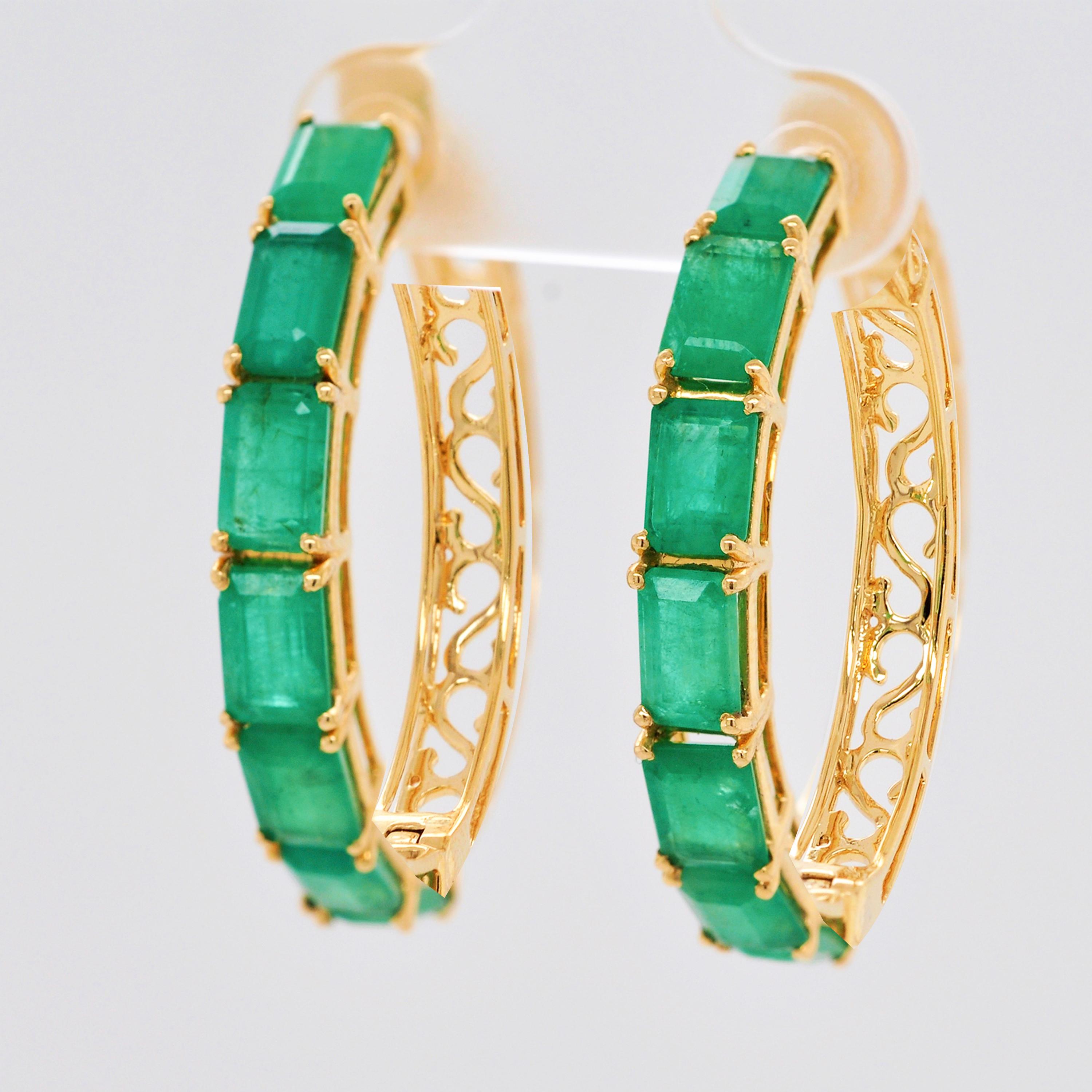 Women's 18 Karat Yellow Gold Emerald Cut Brazilian Emerald Hoop Earrings For Sale