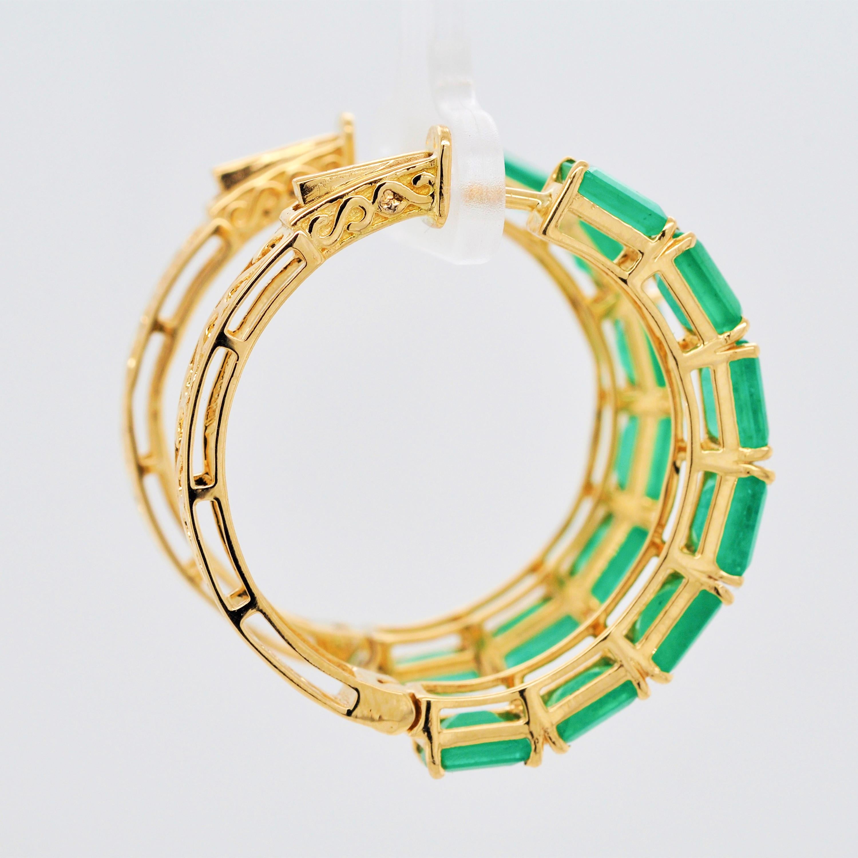 18 Karat Yellow Gold Emerald Cut Brazilian Emerald Hoop Earrings For Sale 1