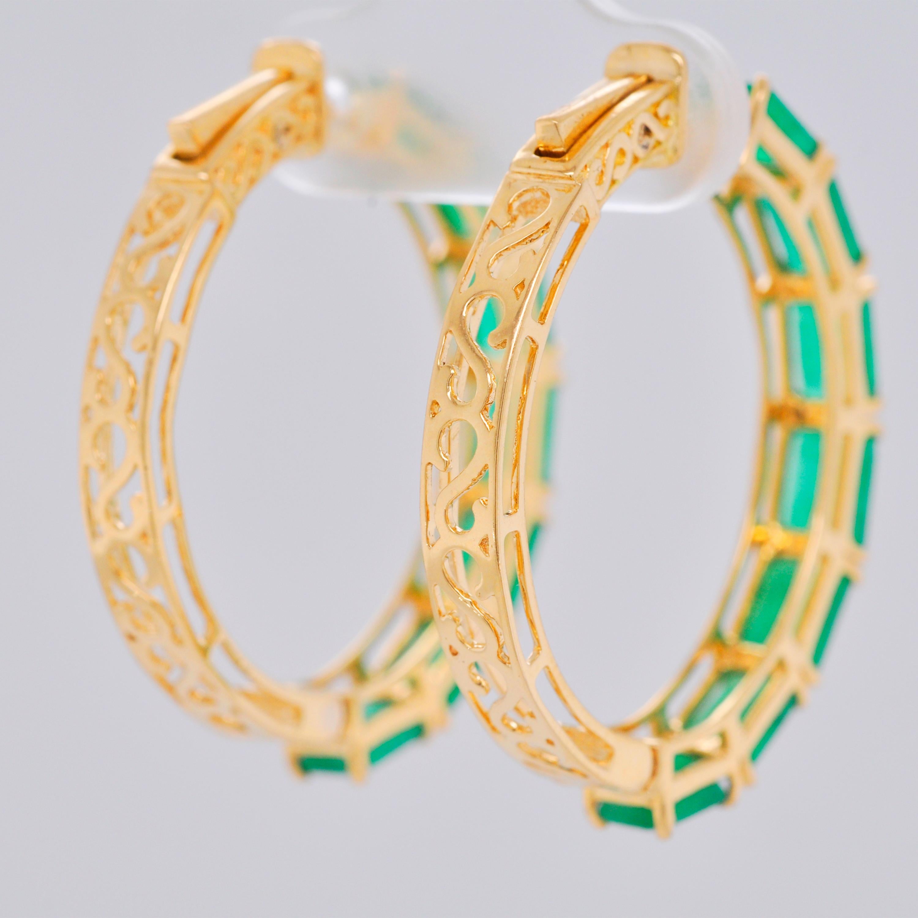 18 Karat Yellow Gold Emerald Cut Brazilian Emerald Hoop Earrings For Sale 2