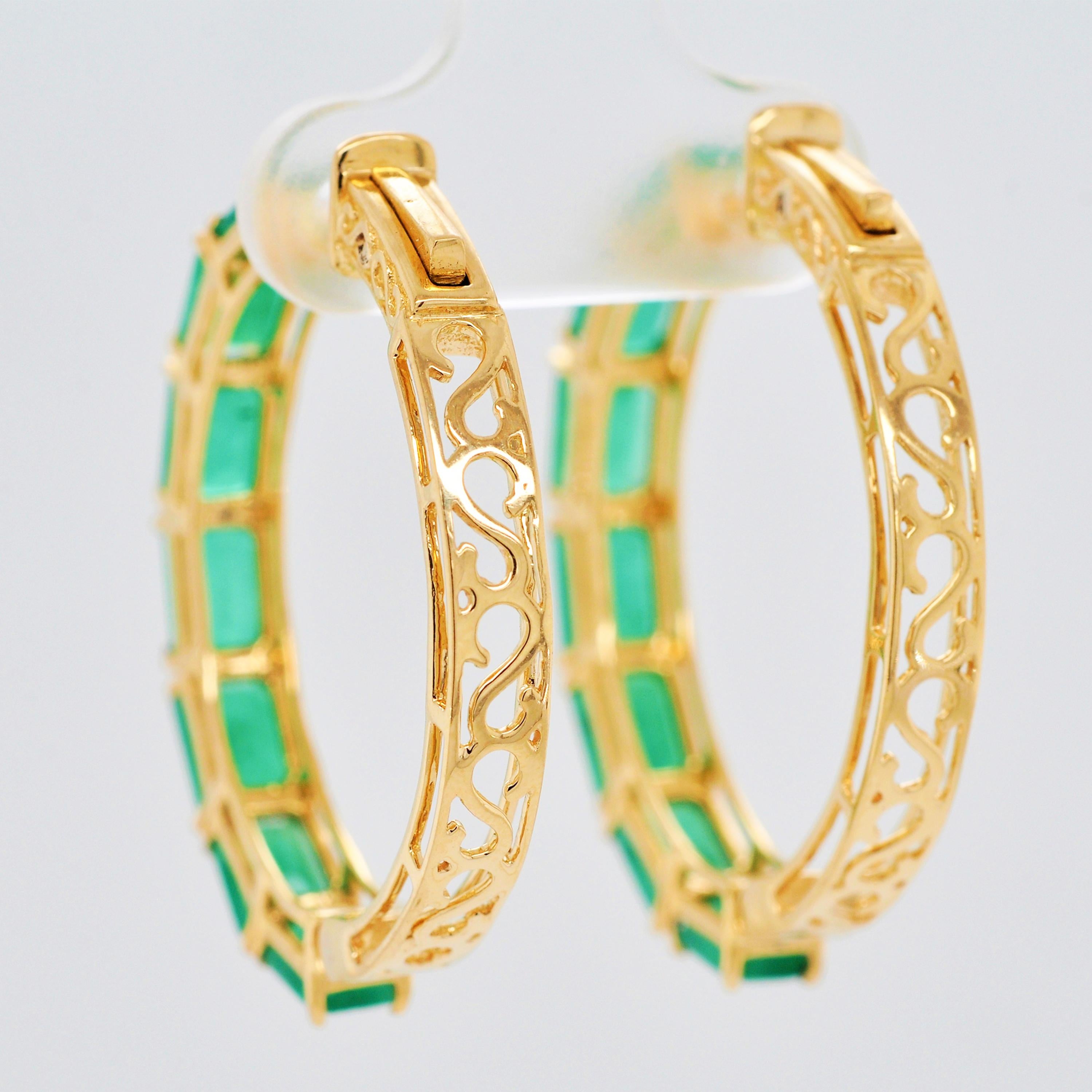 18 Karat Yellow Gold Emerald Cut Brazilian Emerald Hoop Earrings For Sale 3