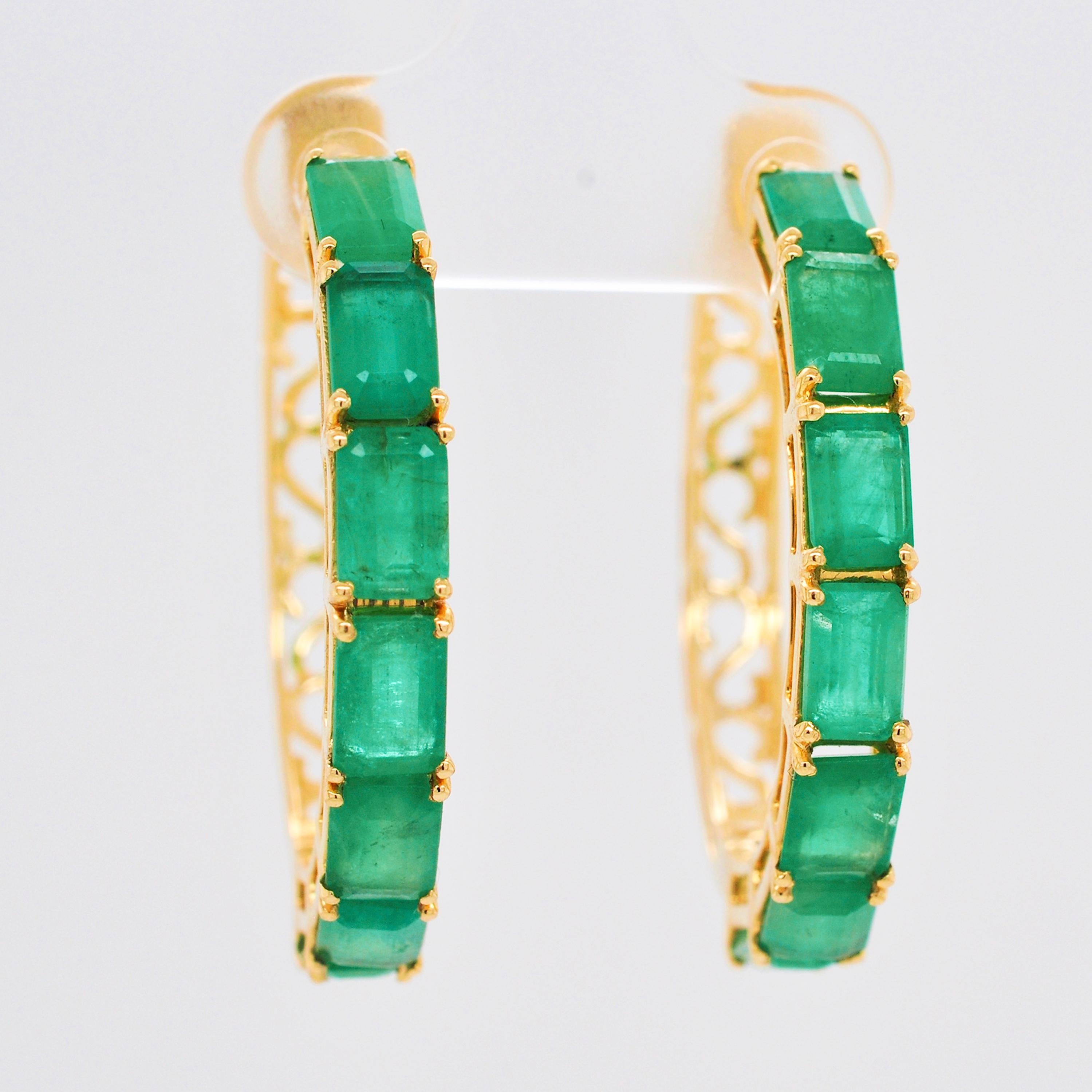 18 Karat Yellow Gold Emerald Cut Brazilian Emerald Hoop Earrings For Sale 4