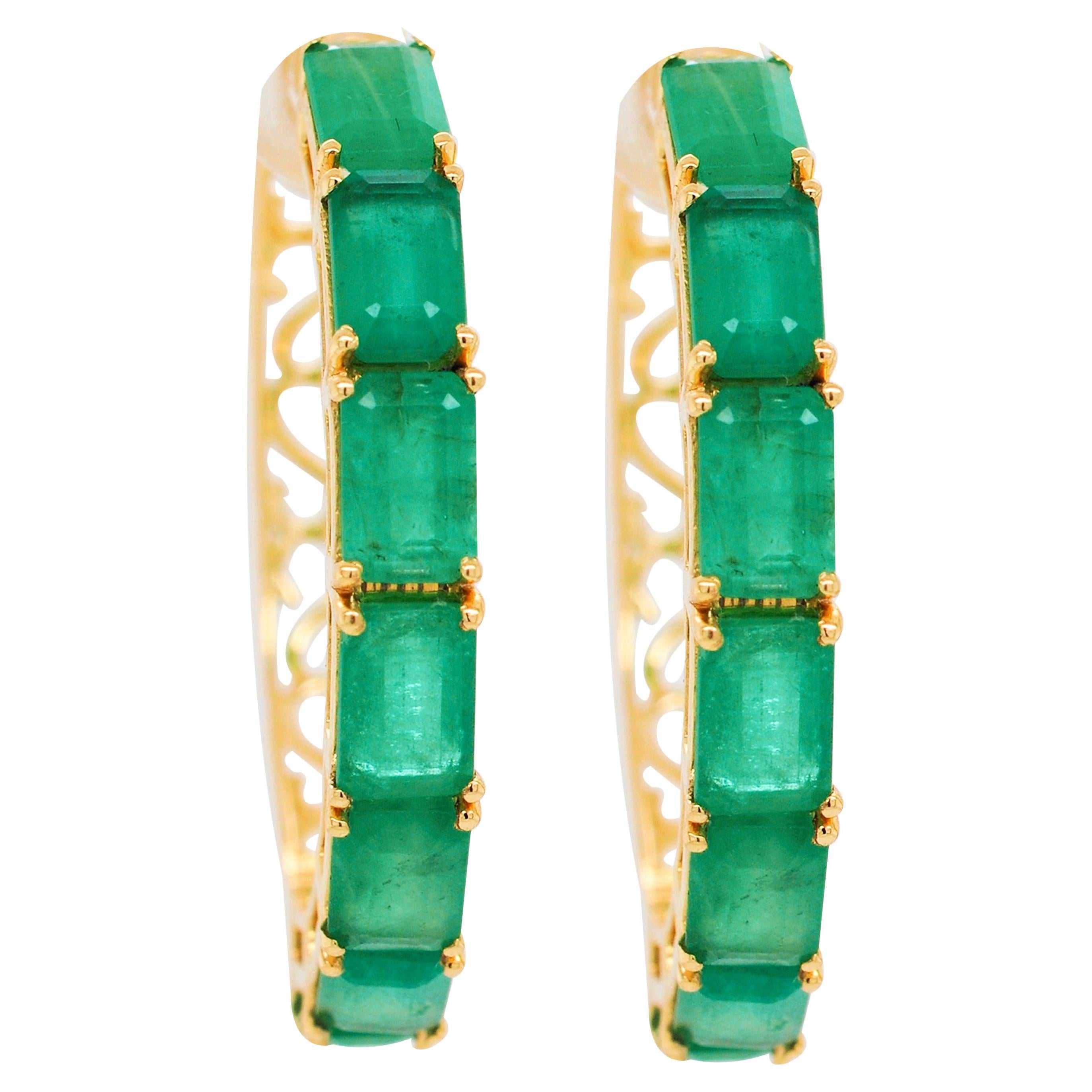 18 Karat Yellow Gold Emerald Cut Brazilian Emerald Hoop Earrings For Sale