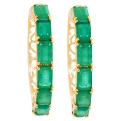 18 Karat Yellow Gold Emerald Cut Brazilian Emerald Hoop Earrings