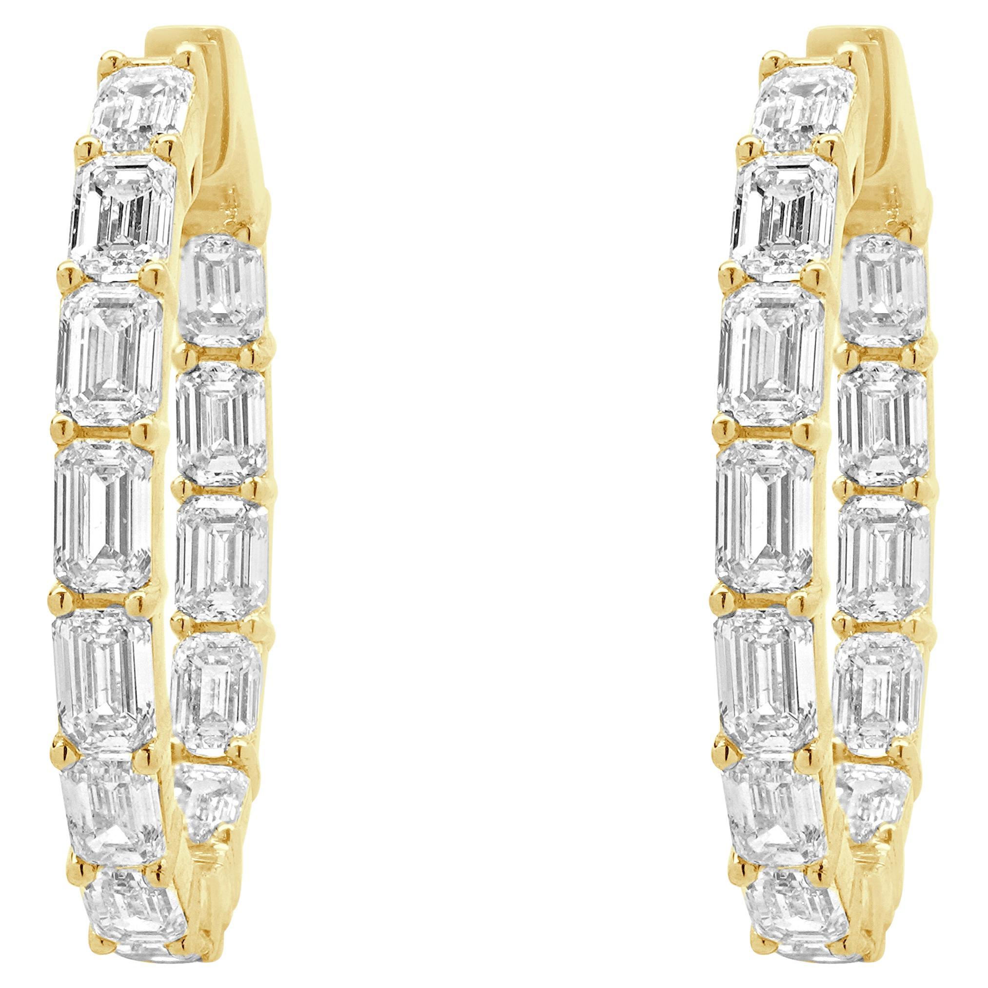 Orecchini a cerchio in oro giallo 18 carati con diamante taglio smeraldo e interno esterno