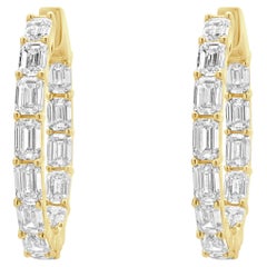 Orecchini a cerchio in oro giallo 18 carati con diamante taglio smeraldo e interno esterno