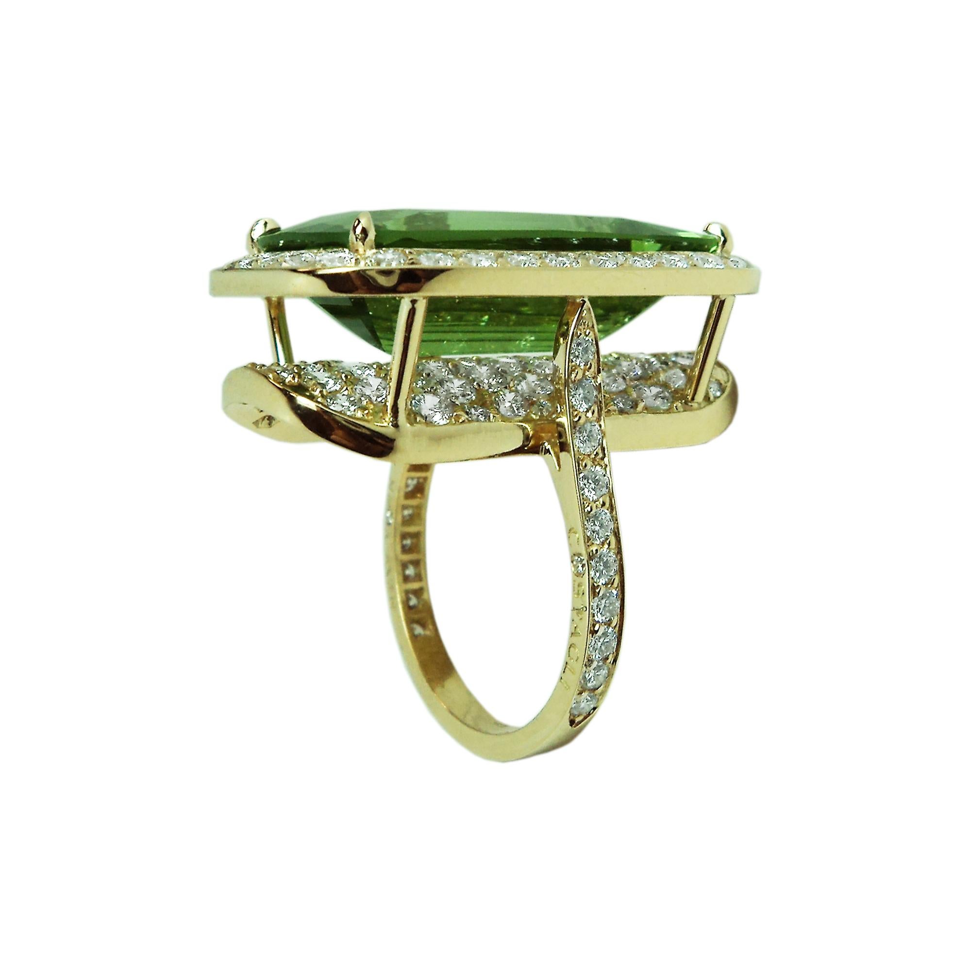 18kt yellow gold ring set with an emerald-cut peridot mounted above pave-set round brilliant diamonds.

The Valentina collection debuted in 2013, shocking the jewelry community with an innovative way to see diamonds- through a colorful gemstone.