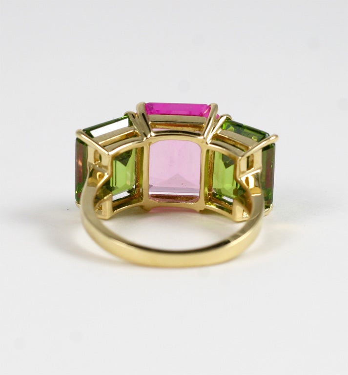 Women's 18 Karat Yellow Gold Emerald Cut Ring with Pink Topaz and Peridot For Sale