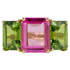 Vintage 18 Karat Yellow Gold Emerald Cut Ring with Pink Topaz and Peridot