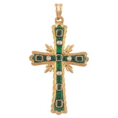 18 Karat Yellow Gold Emerald Diamond and Green Enamel Cross