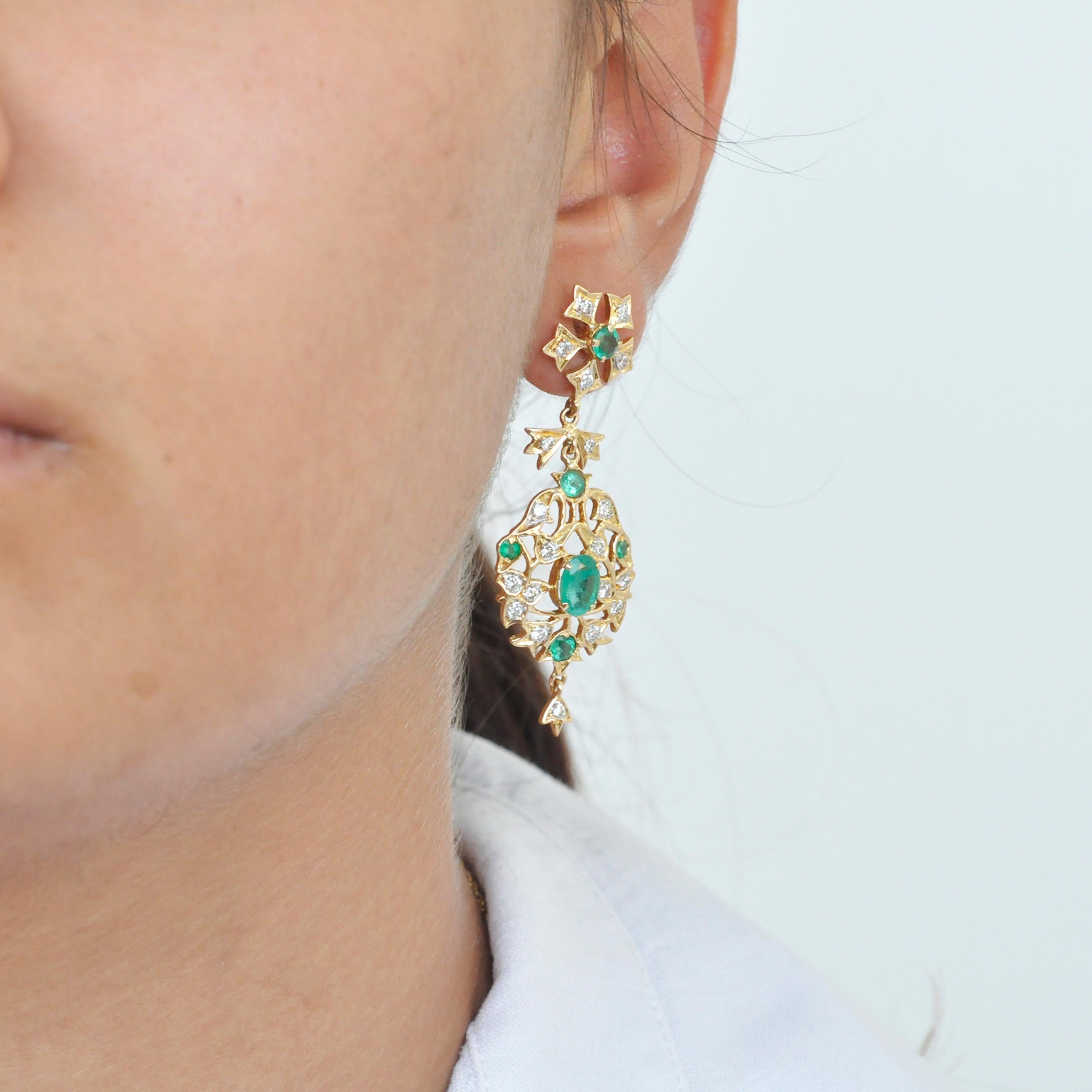 18 Karat Yellow Gold Emerald Diamond Dangle Earrings 9