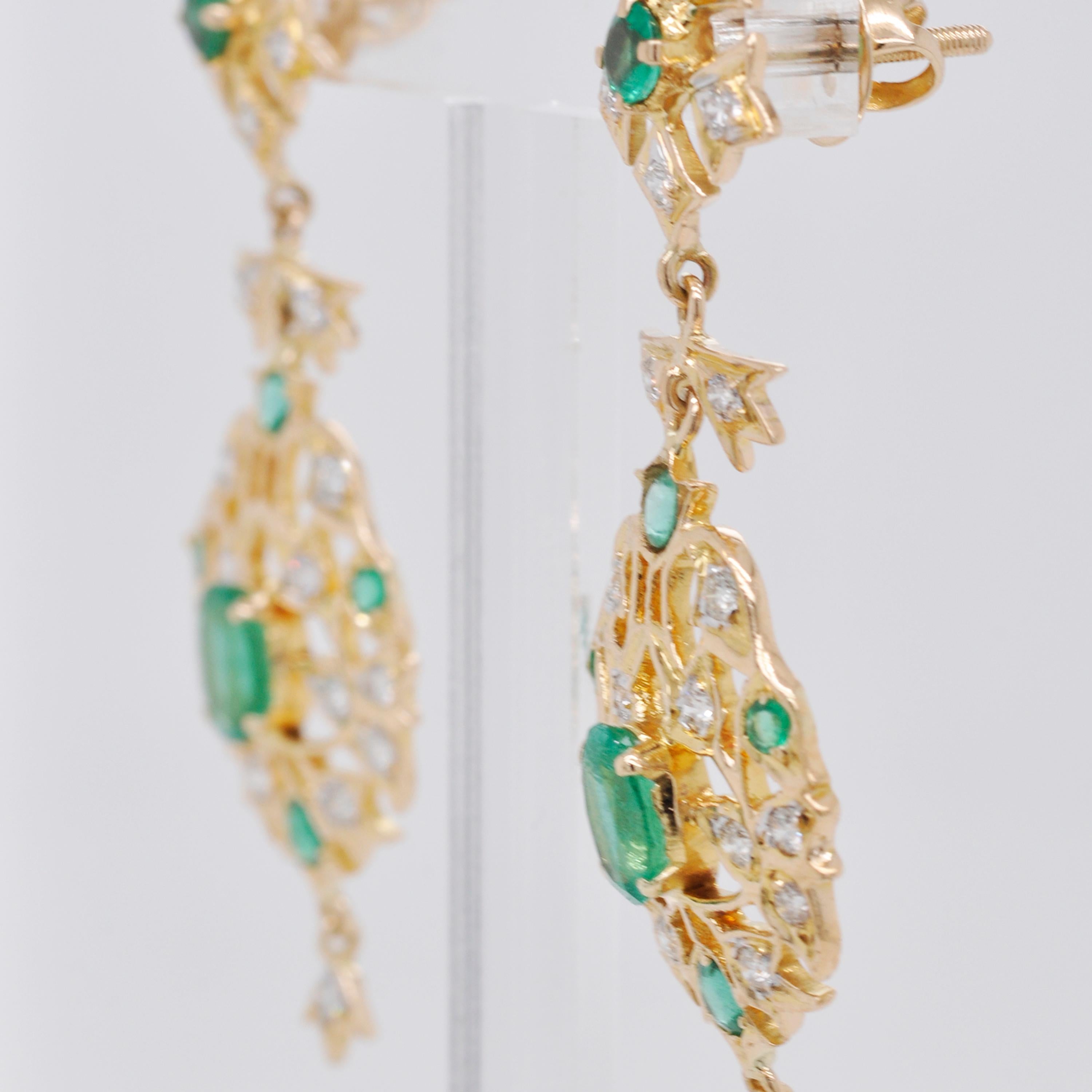 18 Karat Yellow Gold Emerald Diamond Dangle Earrings 1