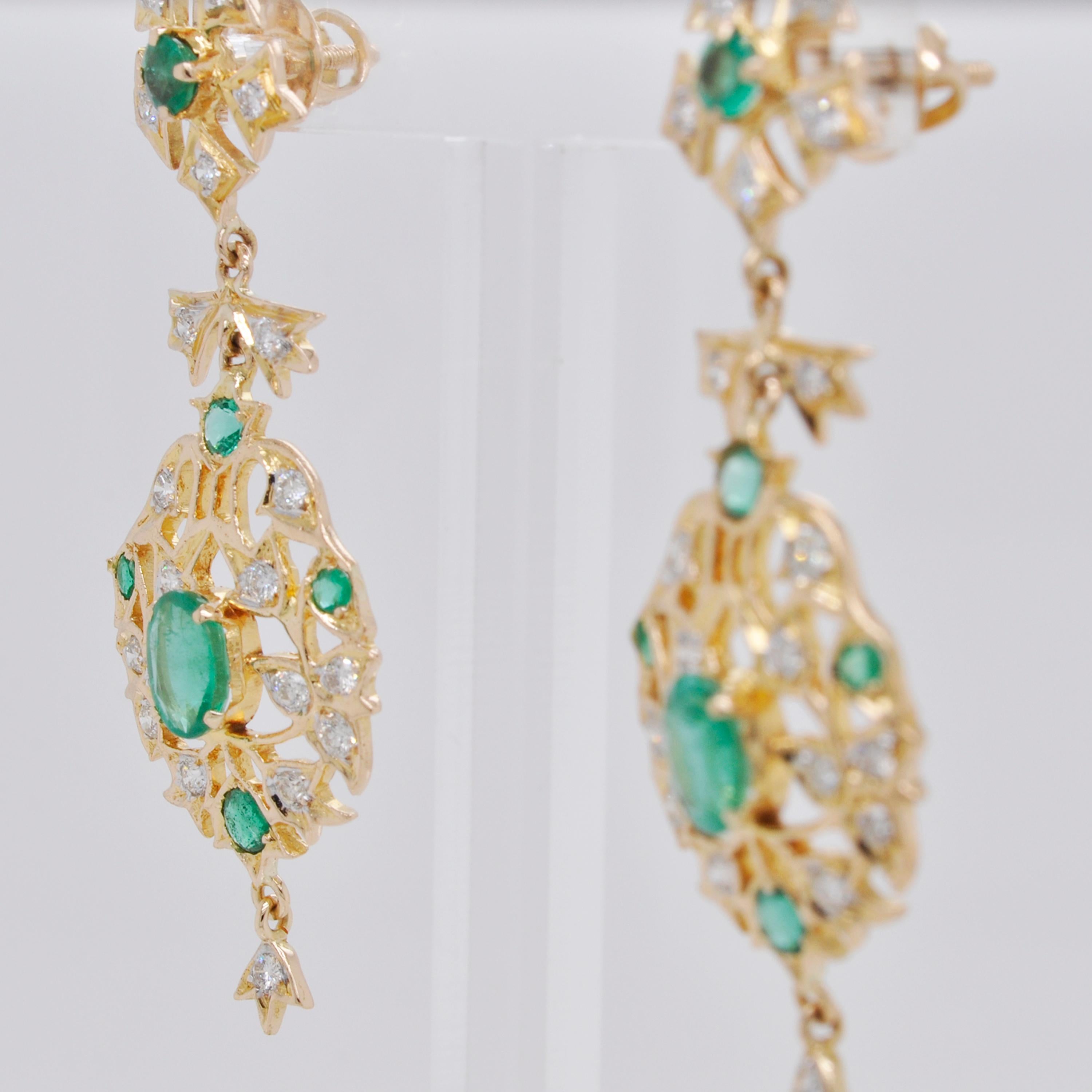 18 Karat Yellow Gold Emerald Diamond Dangle Earrings 2