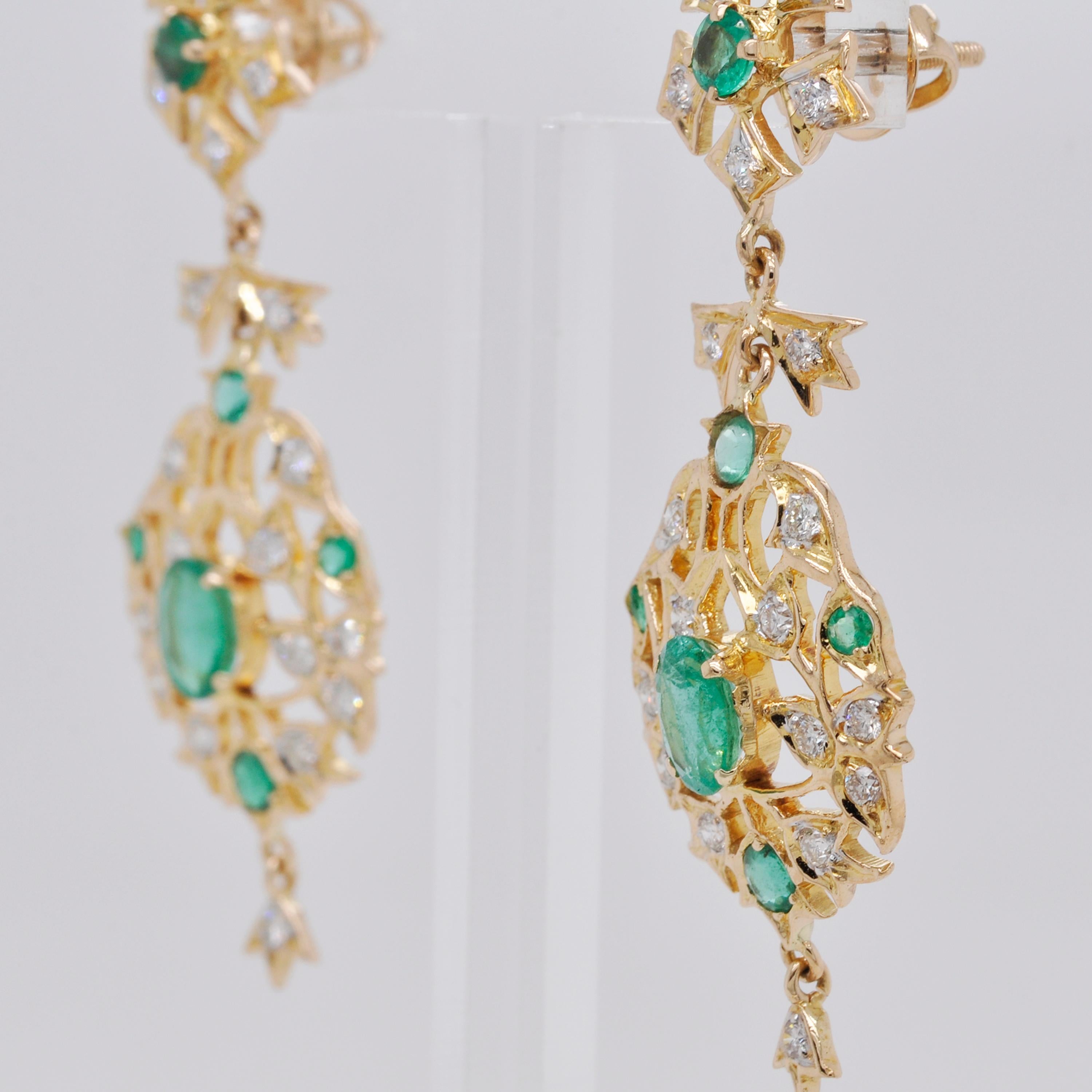 18 Karat Yellow Gold Emerald Diamond Dangle Earrings 3