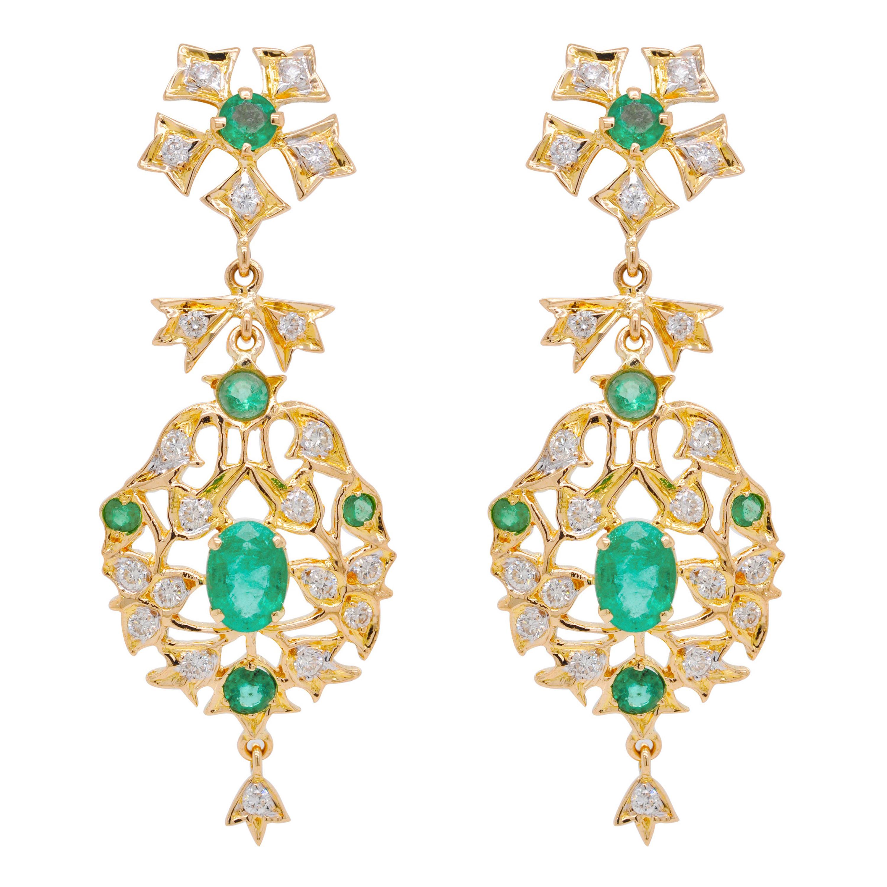 18 Karat Yellow Gold Emerald Diamond Dangle Earrings