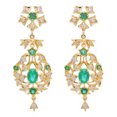 18 Karat Yellow Gold Emerald Diamond Dangle Earrings