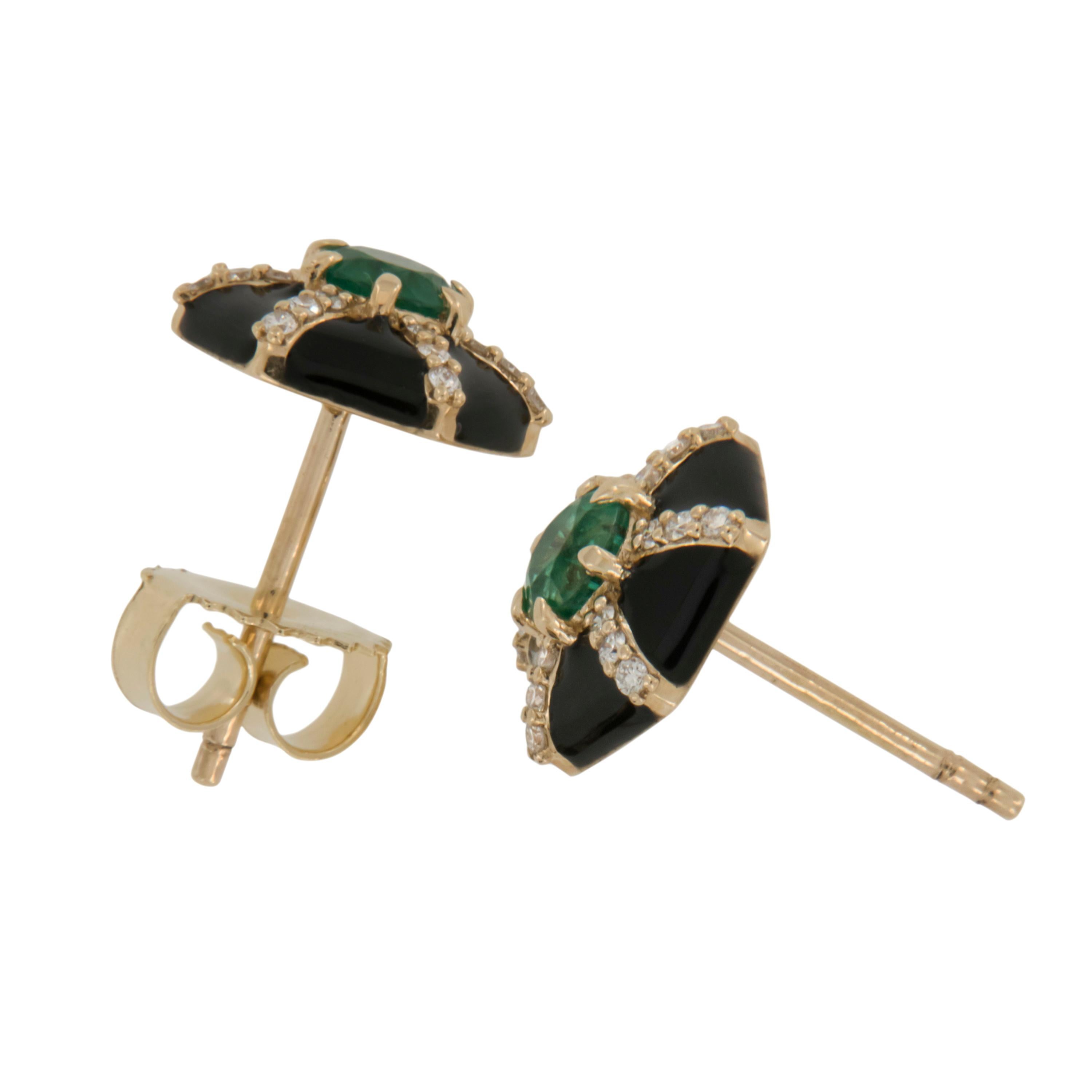 The Queen Collection was inspired by royalty, but with a modern twist. The combination of enamel, diamonds & emerald represents power, richness and passion of a true Queen. Made in royal 18k yellow gold these fetching hexagon stud earrings with 0.41