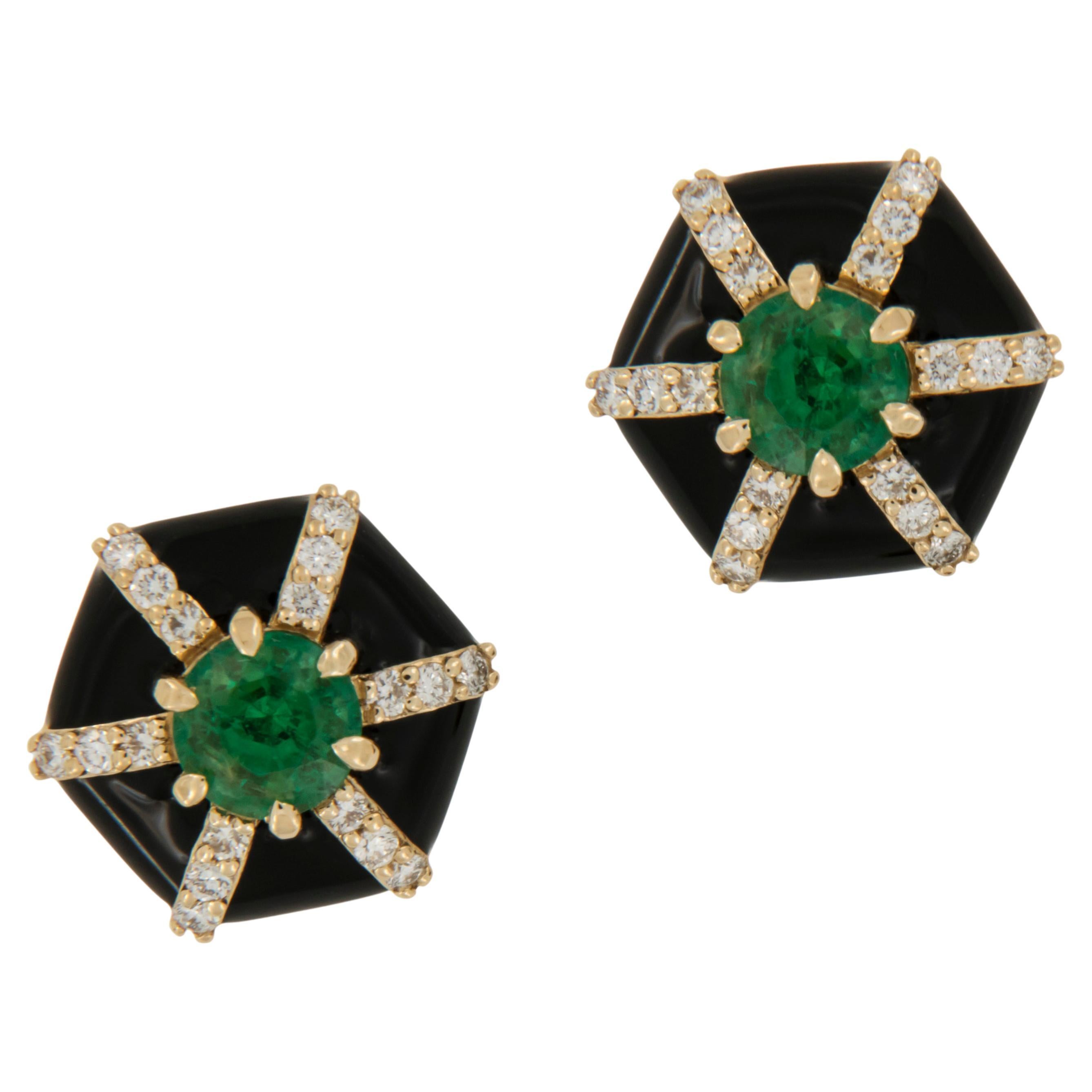 18 Karat Yellow Gold Emerald Diamond Enamel Queen Earrings by Goshwara For Sale
