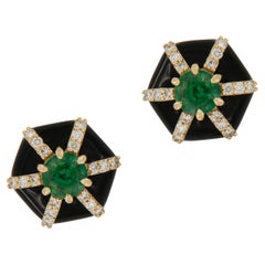 18 Karat Yellow Gold Emerald Diamond Enamel Queen Earrings by Goshwara