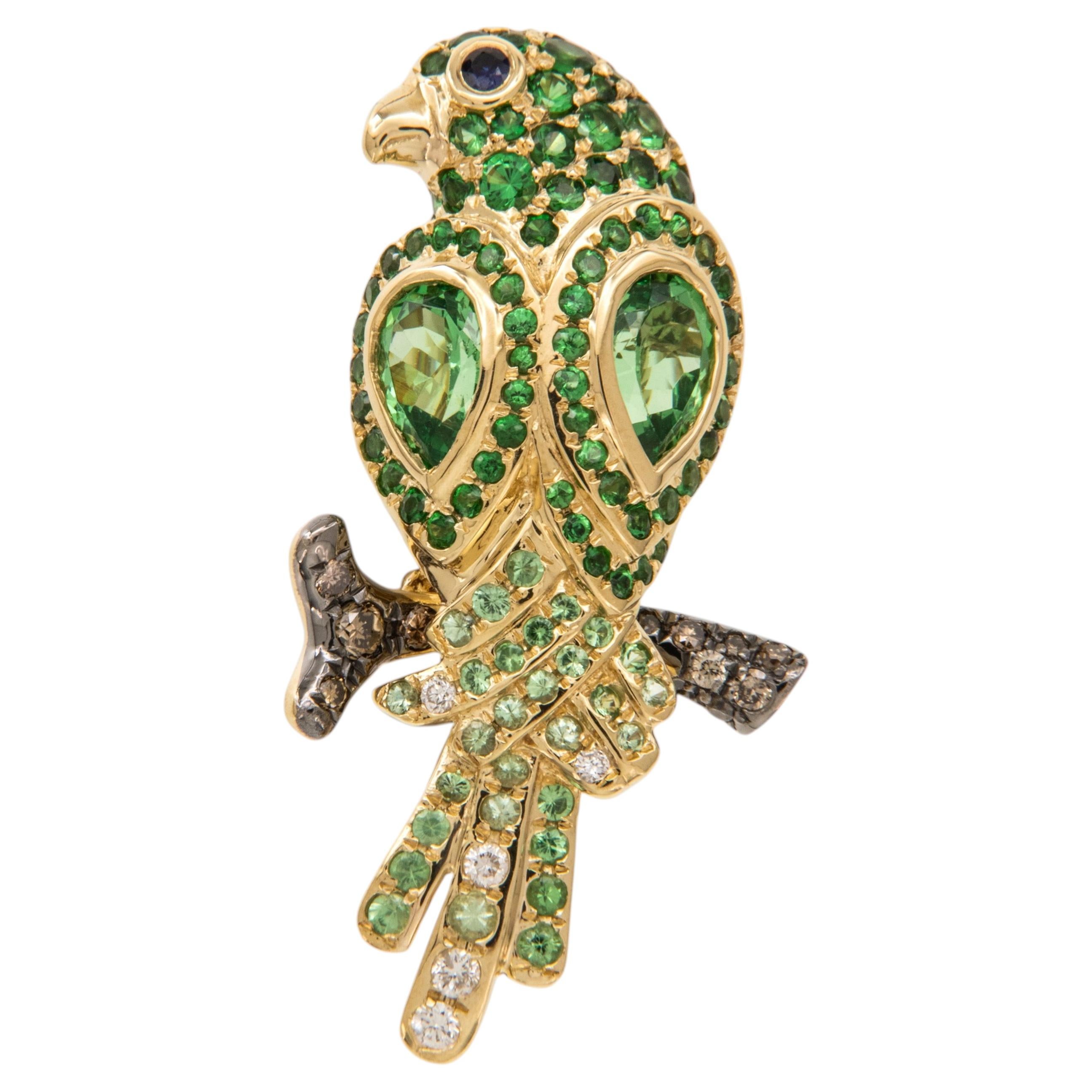 18 Karat Yellow Gold Emerald & Diamond Parrot Pin / Pendant