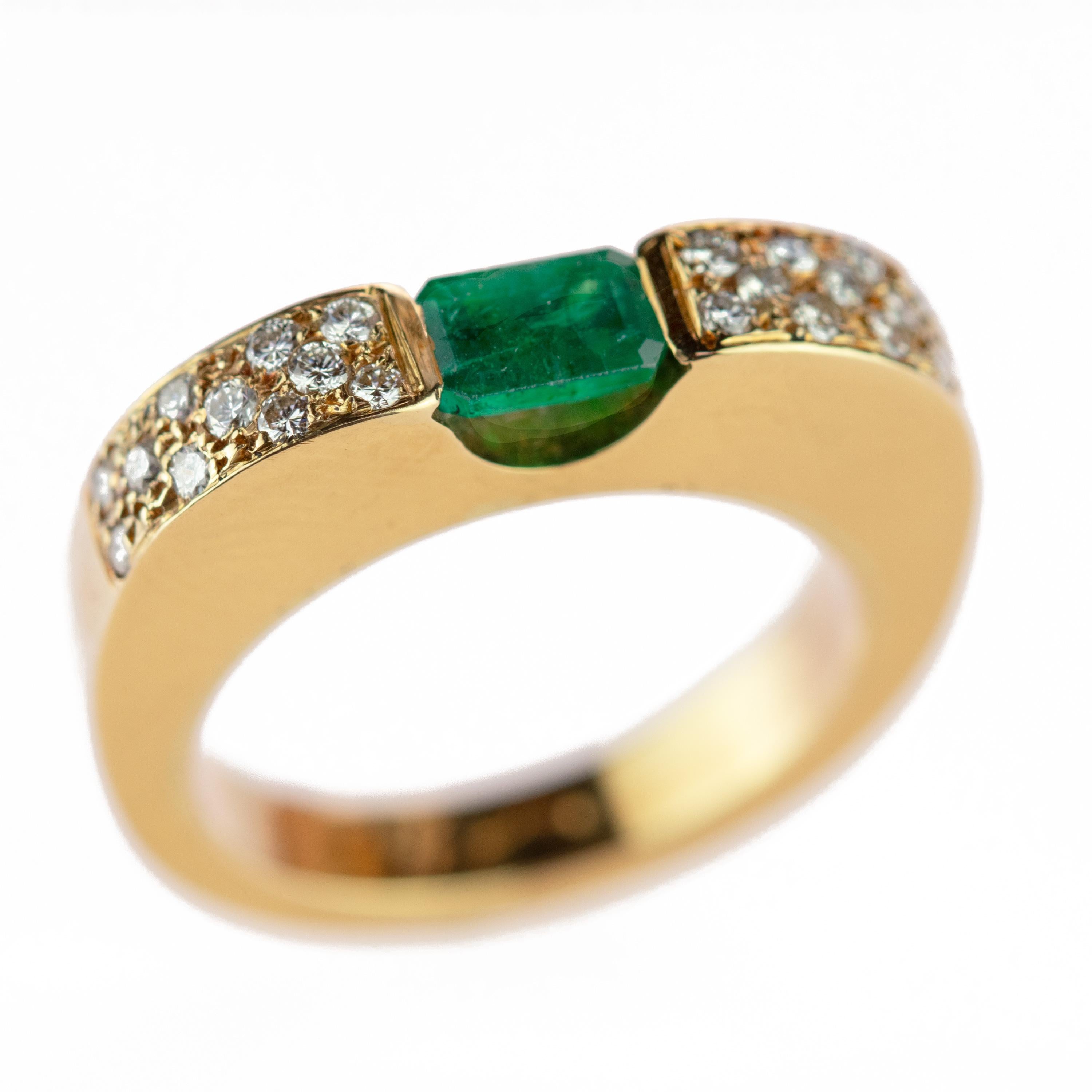 Emerald Cut 18 Karat Yellow Gold Emerald Diamond Pave Brilliant Cut Handmade Band Ring For Sale