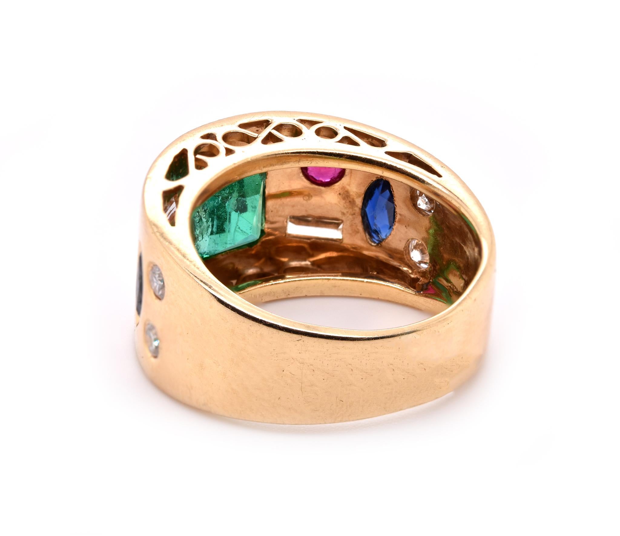 Baguette Cut 18 Karat Yellow Gold Emerald, Diamond, Ruby, and Sapphire Cigar Band