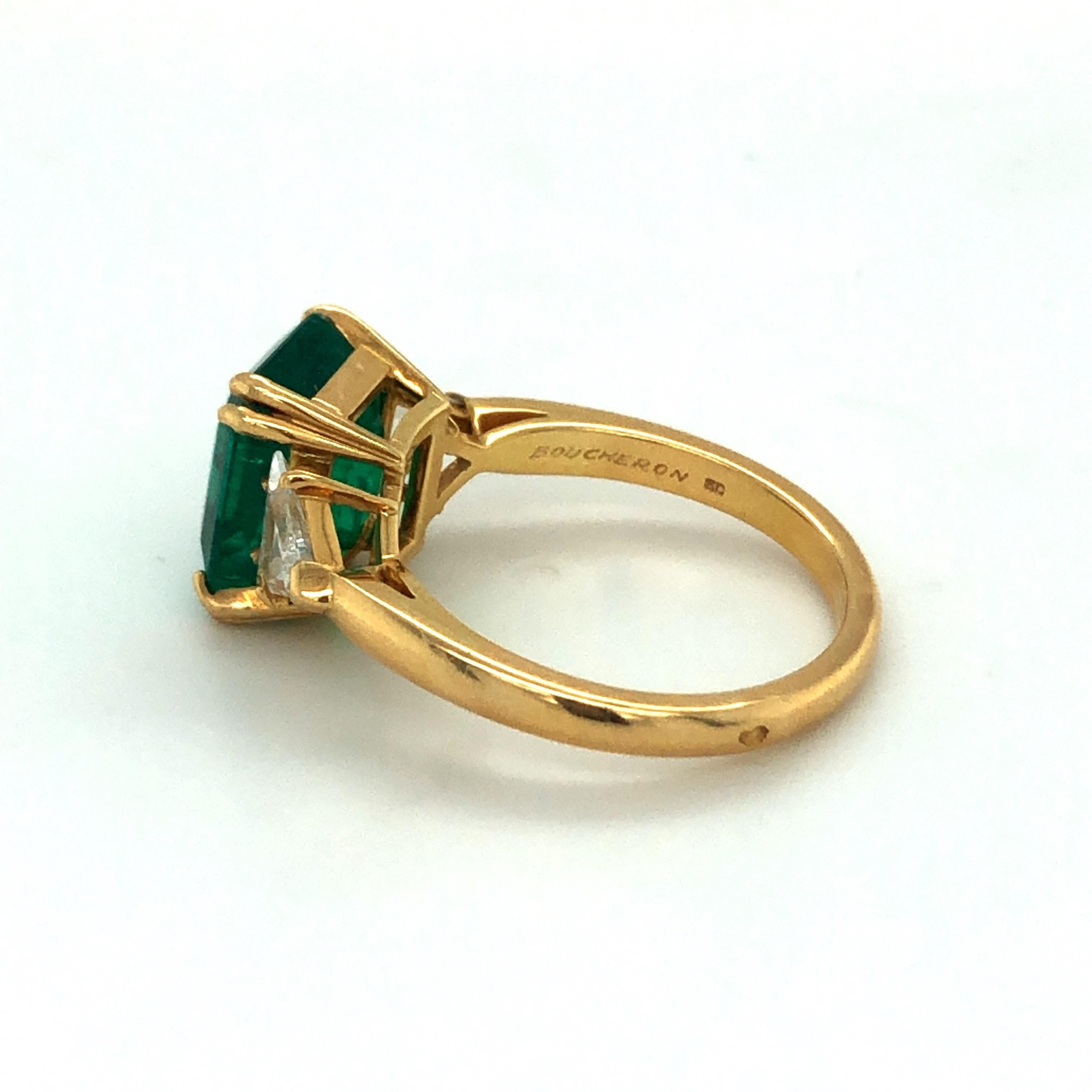 Contemporary 18 Karat Yellow Gold Emerald Diamond Three Stone Ring by Boucheron