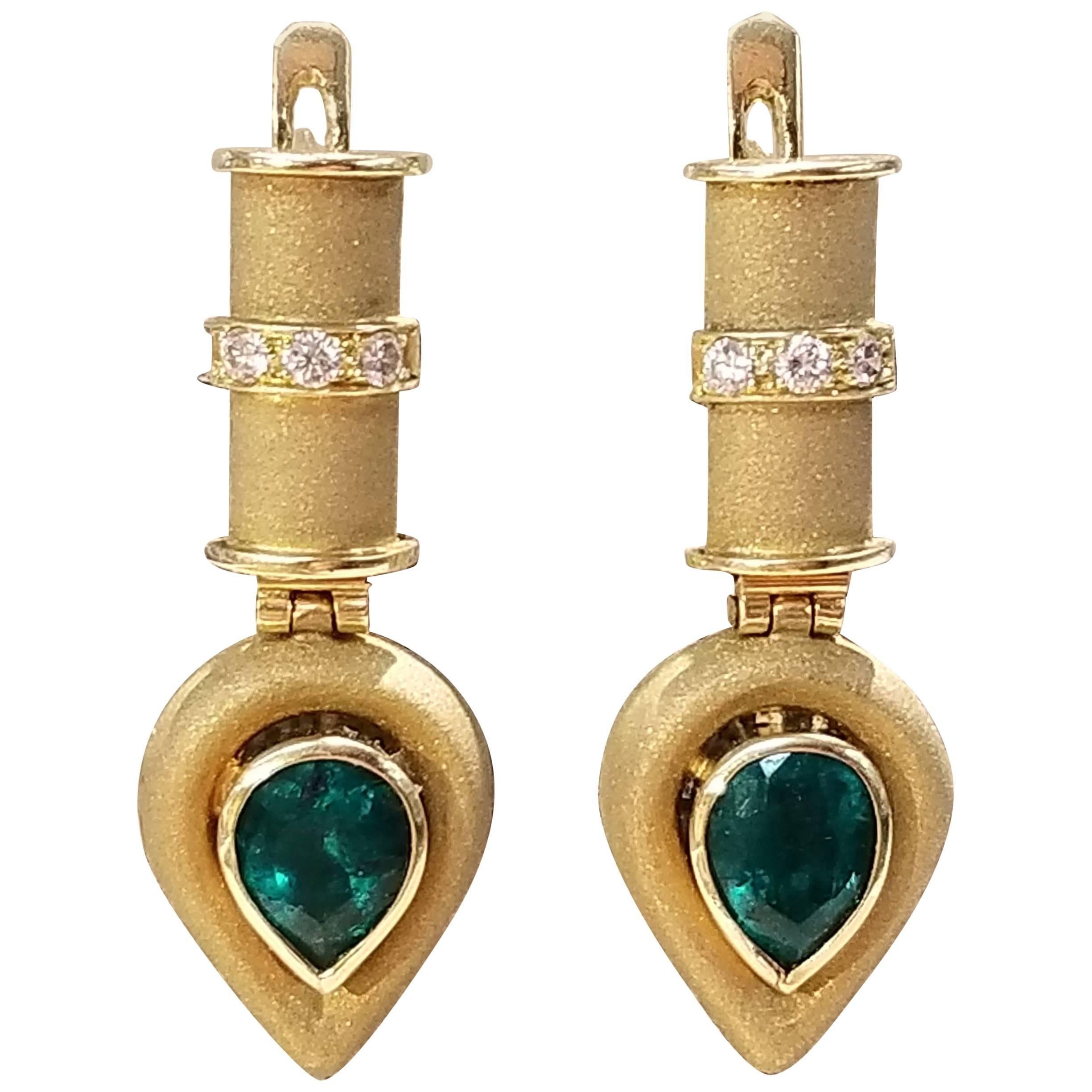 18 Karat Yellow Gold Emerald Earrings For Sale