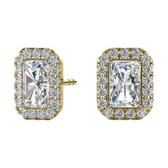 Used 18 Karat Yellow Gold Emerald Halo Diamond Earrings '1 1/2 Carat'