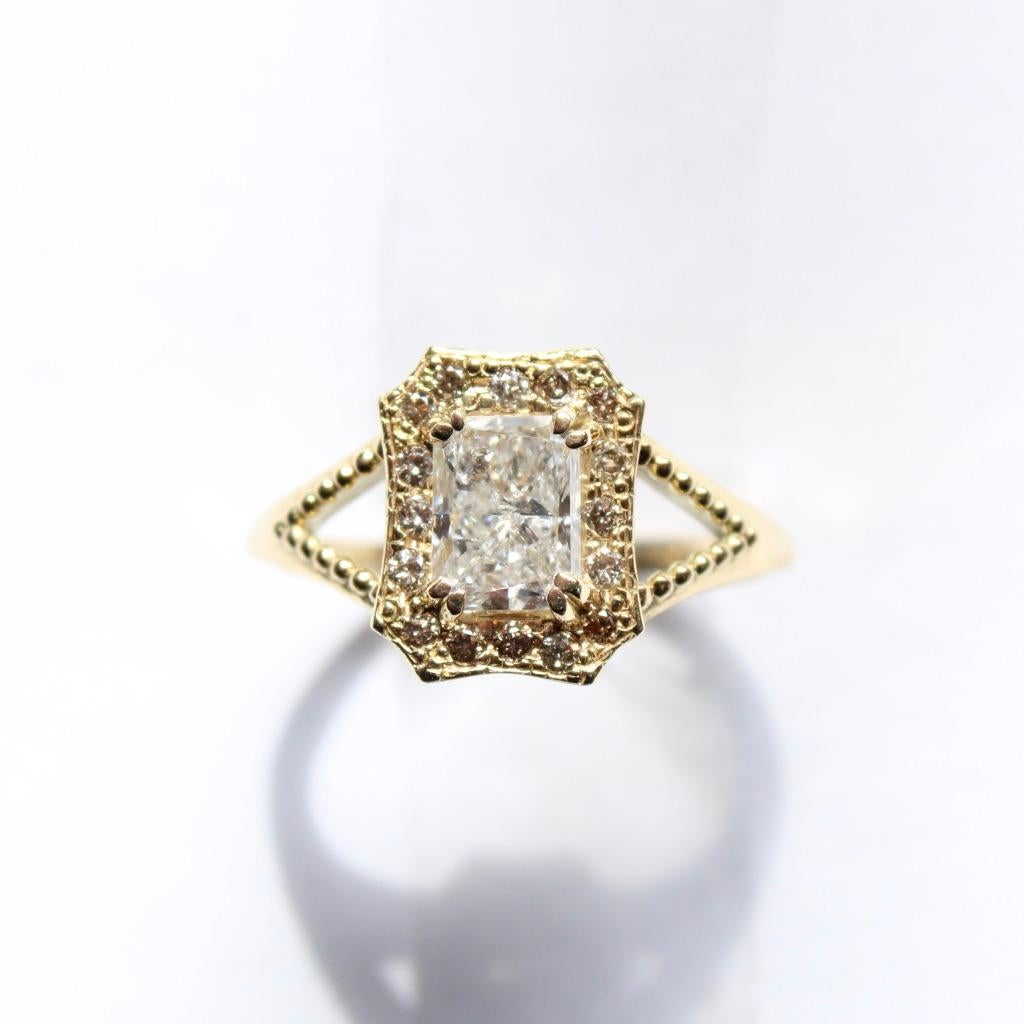 18 Karat Yellow Gold Emerald Halo Diamond Ring In New Condition For Sale In Foxborough, MA