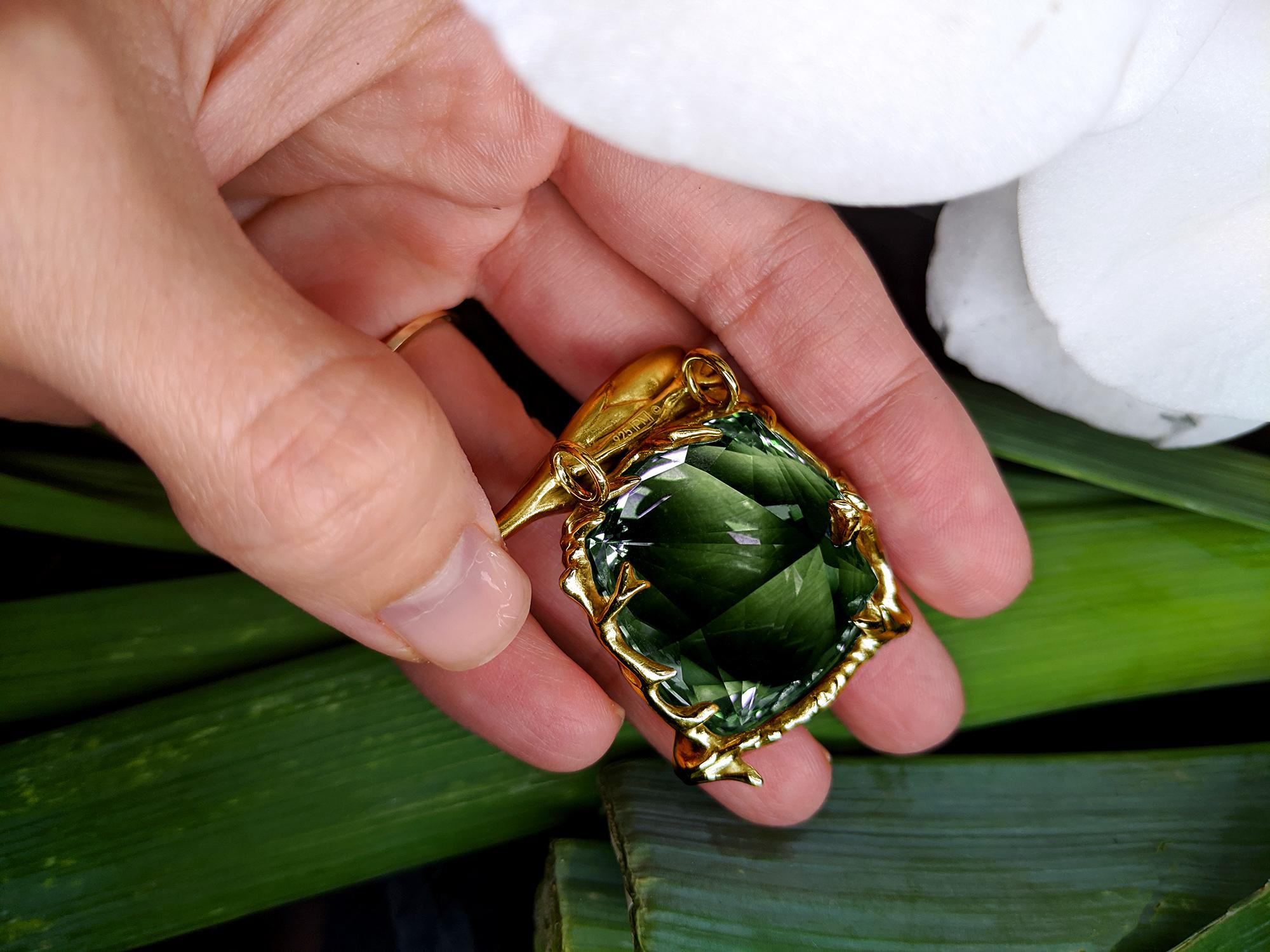 Cushion Cut Eighteen Karat Yellow Gold Emerald Ring by Artist For Sale