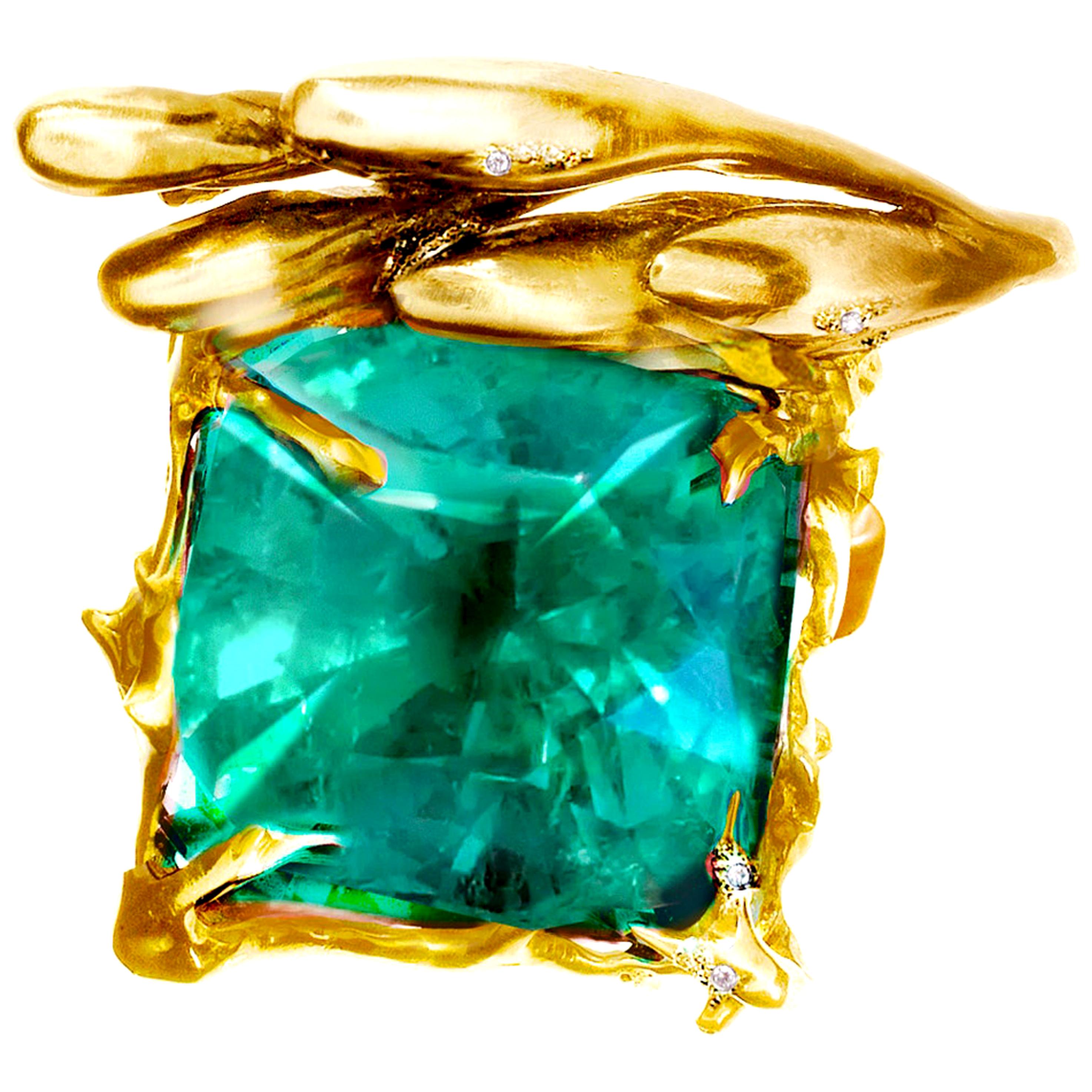 Eighteen Karat Yellow Gold Emerald Ring by Artist For Sale