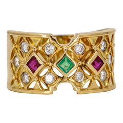 18 Karat Yellow Gold Emerald Ruby Diamond Openwork Band Ring
