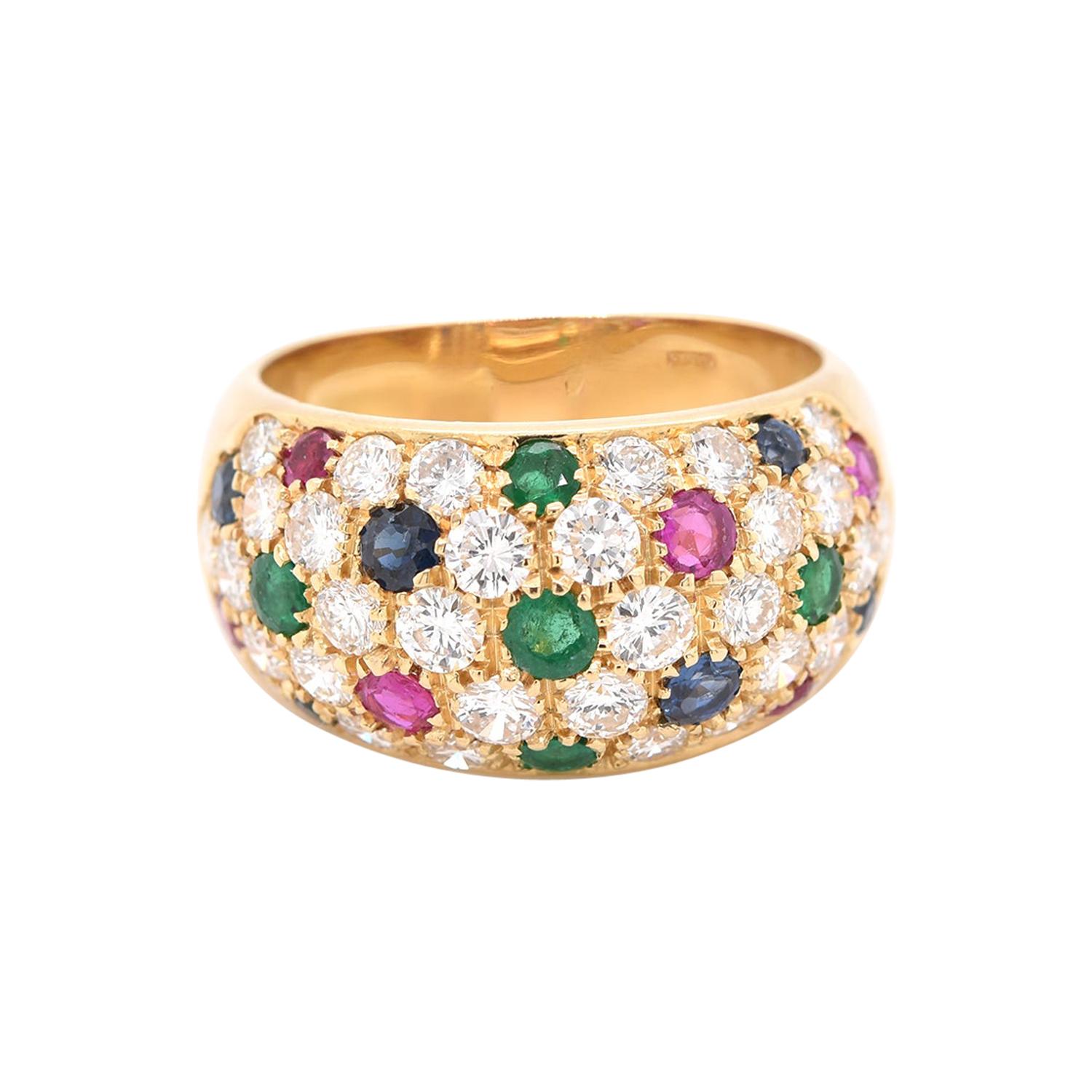 18 Karat Yellow Gold Emerald, Ruby, Sapphire, and Diamond Pave Ring