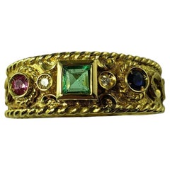 18 Karat Yellow Gold Emerald, Ruby, Sapphire and Diamond Ring Size 7