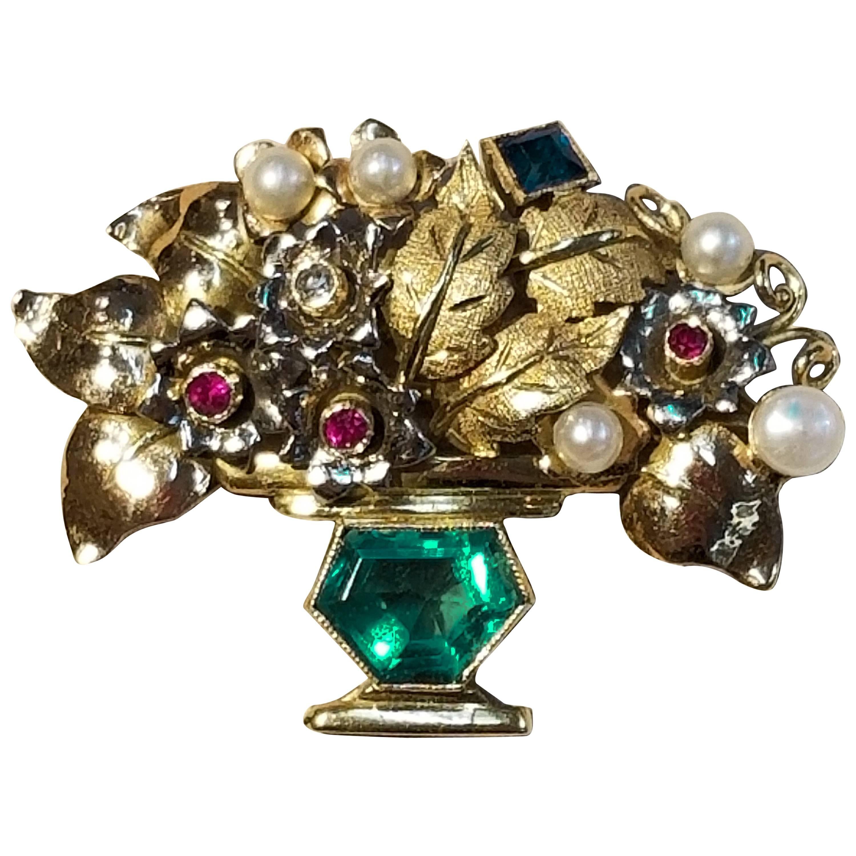 18 Karat Yellow Gold Emerald, Sapphire, Diamond and Pearl Brooch For Sale