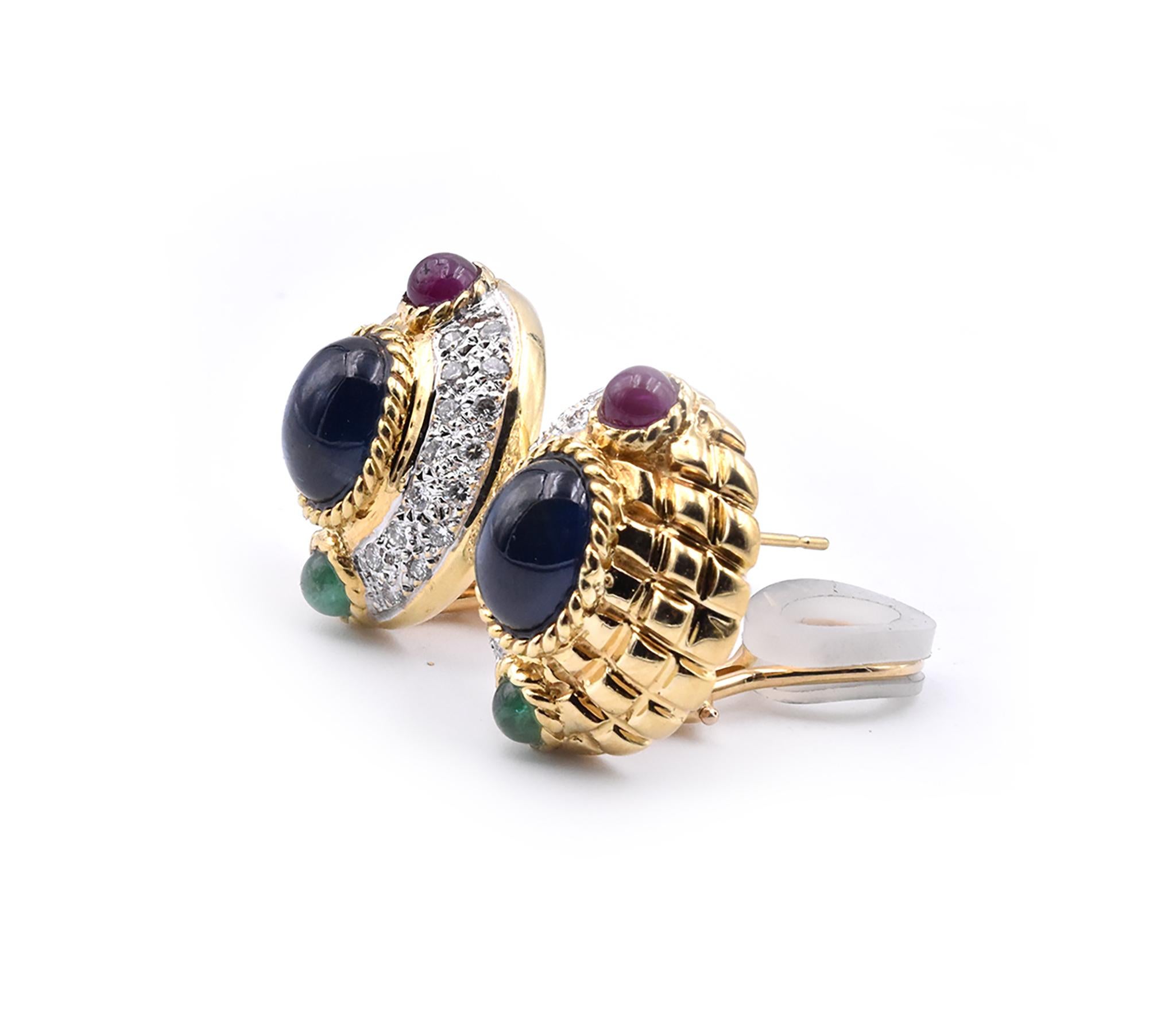 Round Cut 18 Karat Yellow Gold Emerald, Sapphire, Ruby, and Diamond Earrings