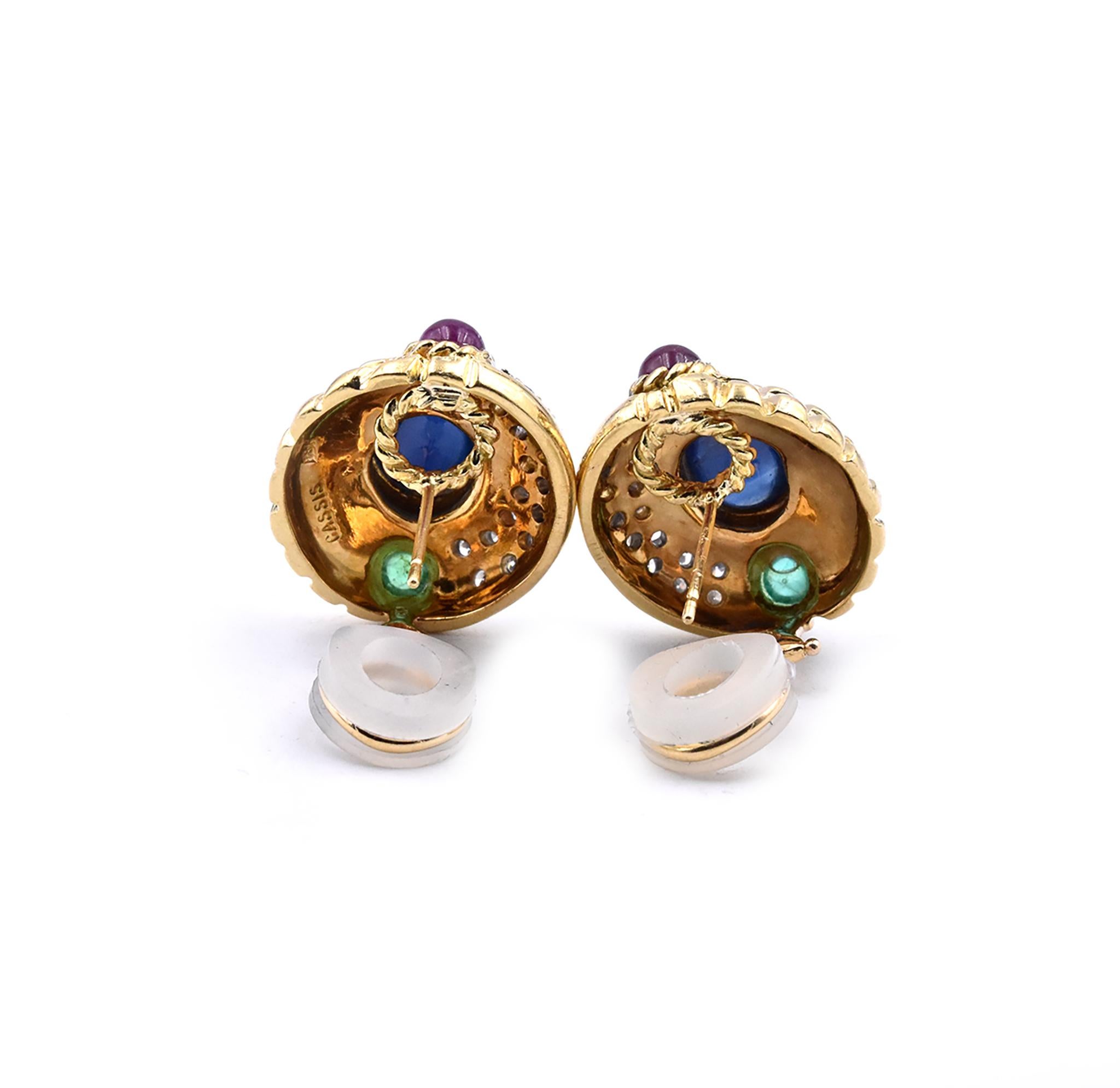 18 Karat Yellow Gold Emerald, Sapphire, Ruby, and Diamond Earrings In Excellent Condition In Scottsdale, AZ