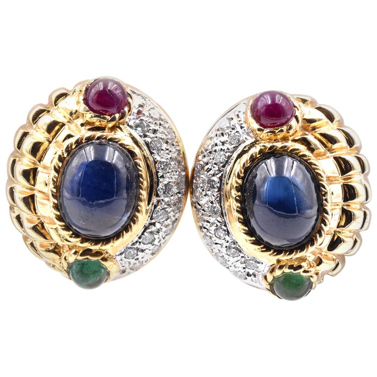 18 Karat Yellow Gold Emerald, Sapphire, Ruby, and Diamond Earrings