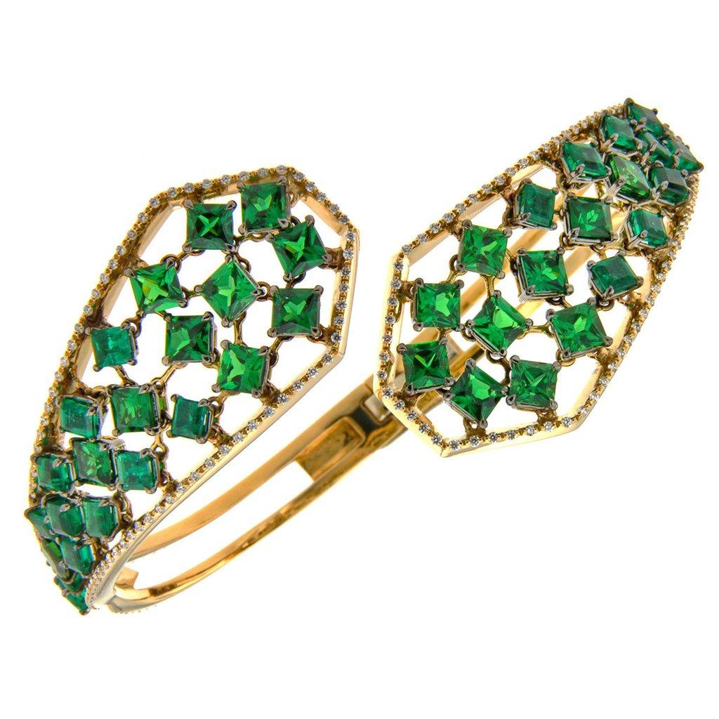 Modern 18 Karat Yellow Gold Emeralds Tsavorites Earrings Aenea Jewellery For Sale