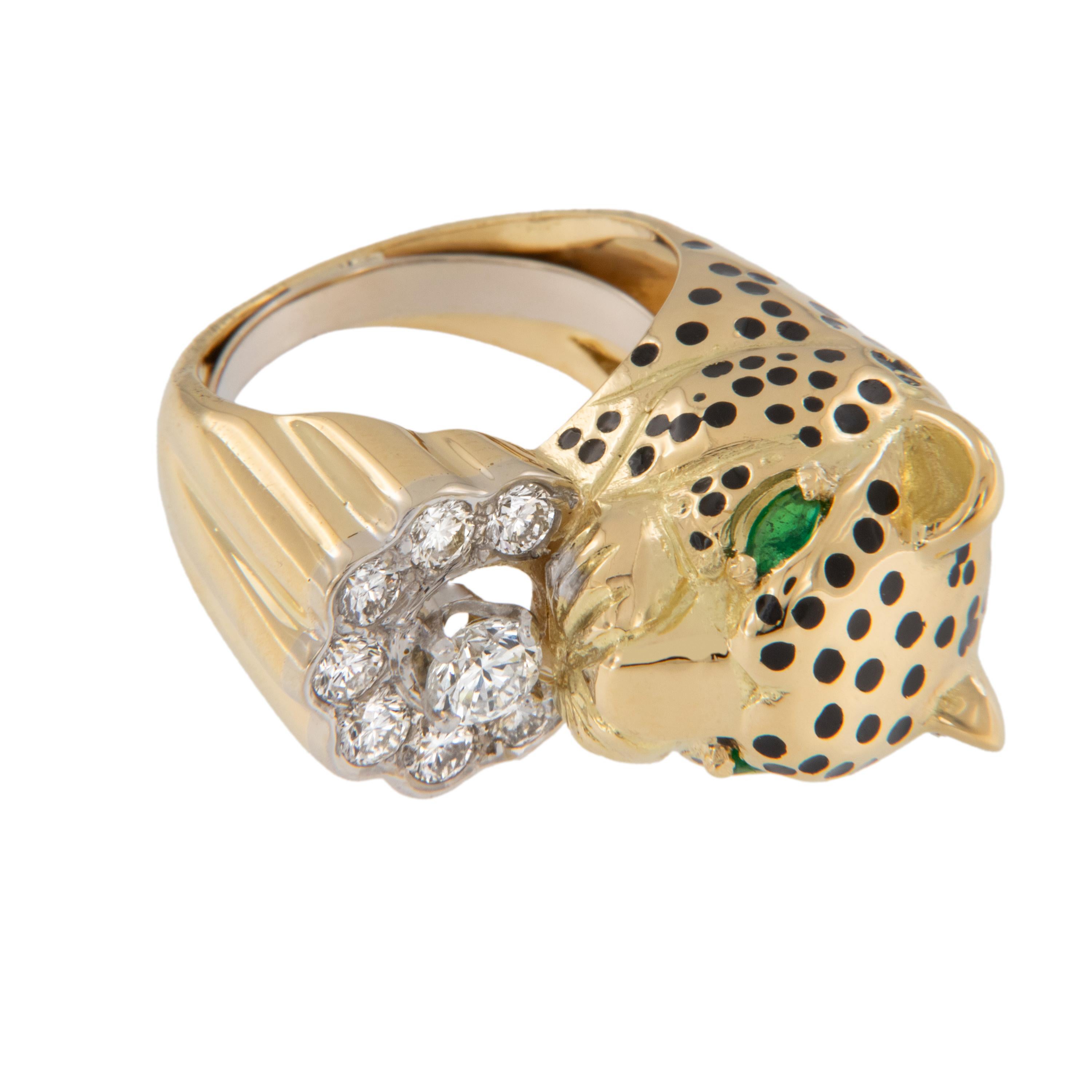 Round Cut 18 Karat Yellow Gold Emis Beros 0.85 Cttw Diamond and Emerald Panther Ring For Sale