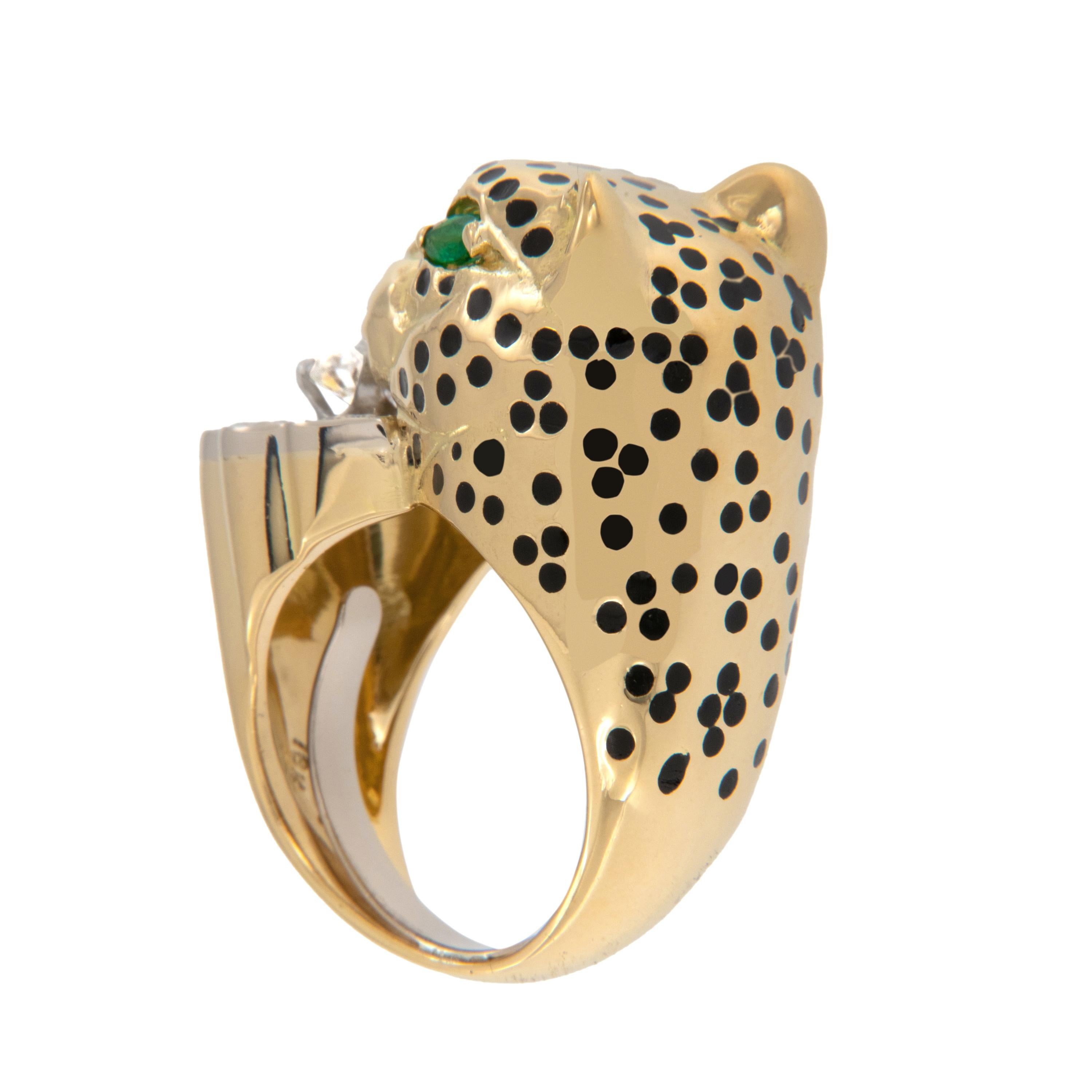 Women's 18 Karat Yellow Gold Emis Beros 0.85 Cttw Diamond and Emerald Panther Ring For Sale