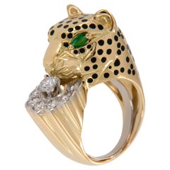 18 Karat Yellow Gold Emis Beros 0.85 Cttw Diamond and Emerald Panther Ring