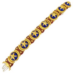 Vintage 18 Karat Yellow Gold Enamel All American Bracelet with Red and Blue Enamel