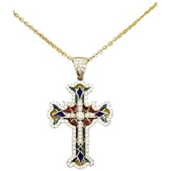 18 Karat Yellow Gold Enamel and Diamond Cross