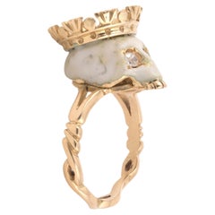 18 Karat Yellow Gold Enamel and Diamond Crowned Skull Ring